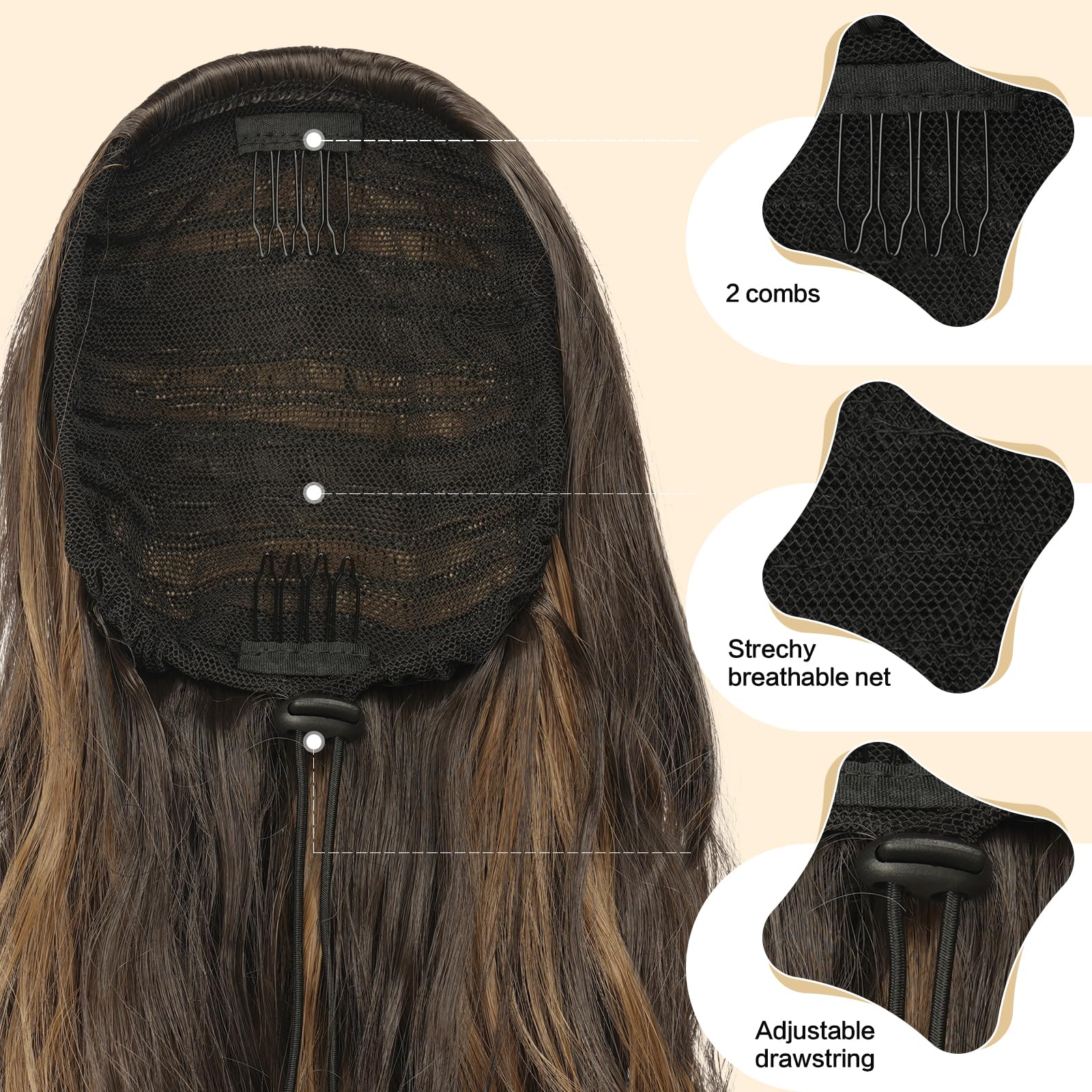 Feshfen Ponytail Extensions, Drawstring Ponytails Hair Extension Black Brown Mix Golden Blond Long Curly Wavy Hair Piece Synthet