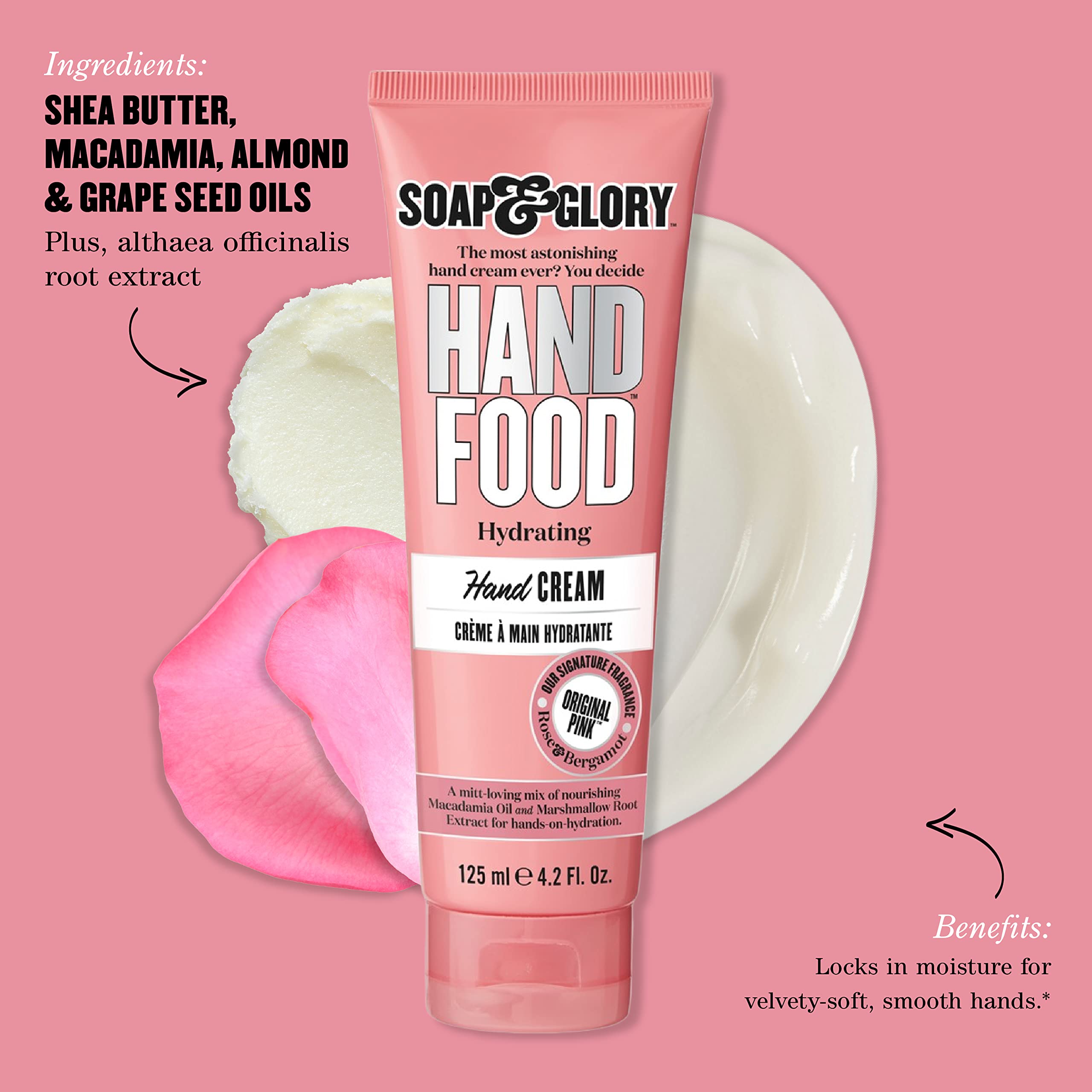 Soap & Glory Hand Food Hand Cream - Almond Oil + Shea Butter Hydrating Cuticle & Hand Moisturizer - Rose & Bergamot Scented Hand