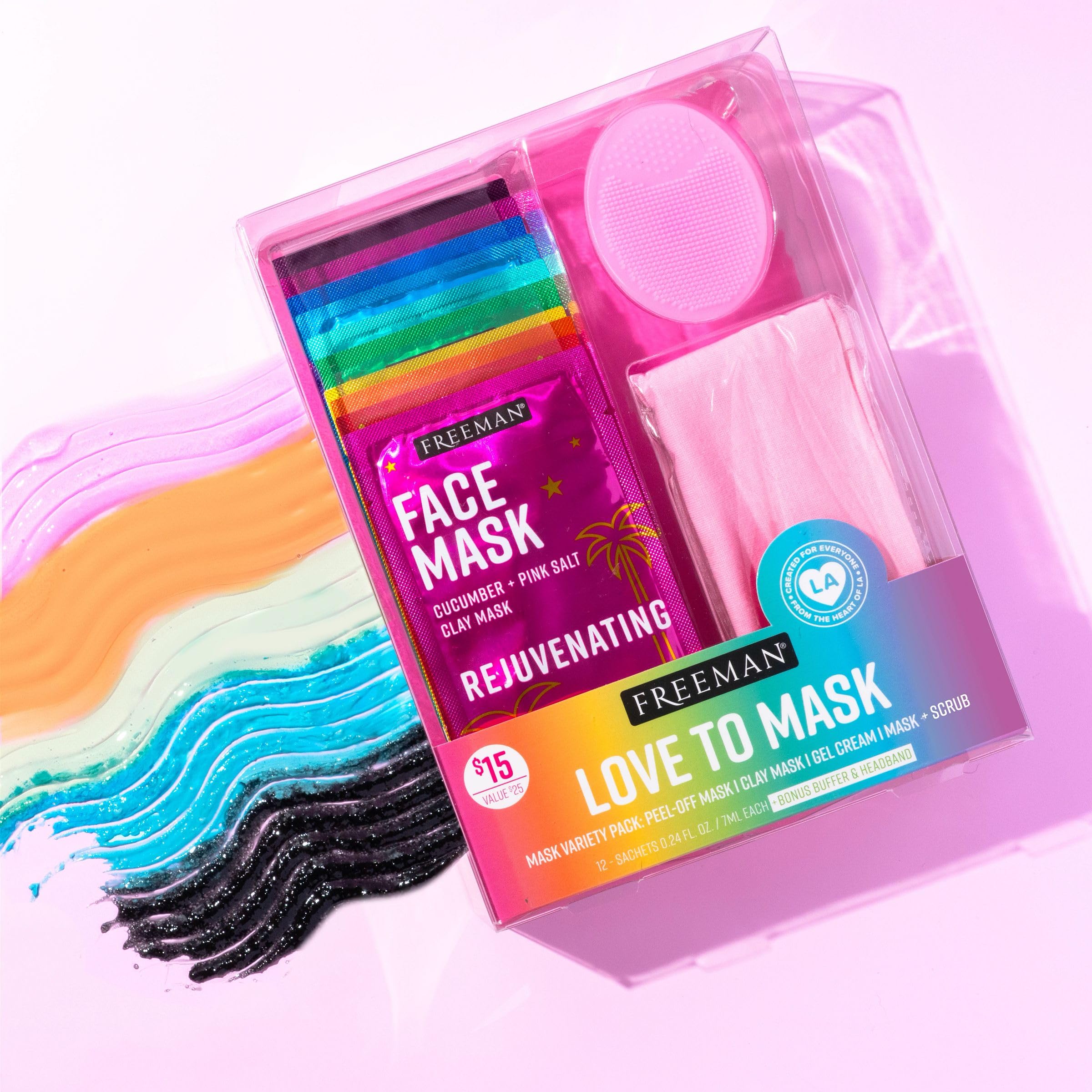 Freeman Facial Love To Mask 14 Piece Variety Pack: Oil Absorbing Clay, Detoxifying Charcoal, Clearing Peel Off, Hydrating Gel Cr