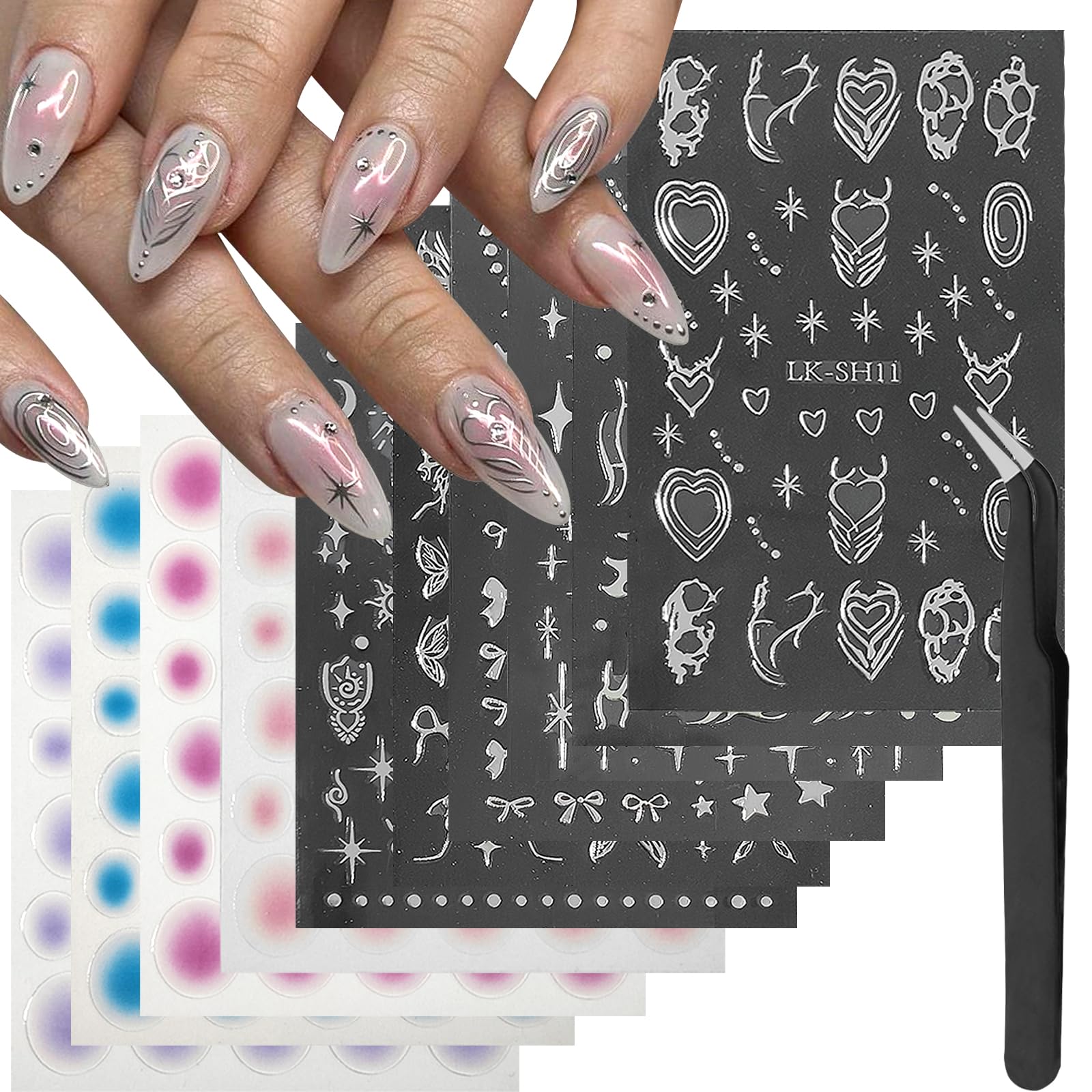 VOTACOS 12 Sheets Nail Art Stickers Decals 3D Self-Adhsive Nail Decals Blush Star Butterfly Heart Nail Art Supplies Laser Emboss