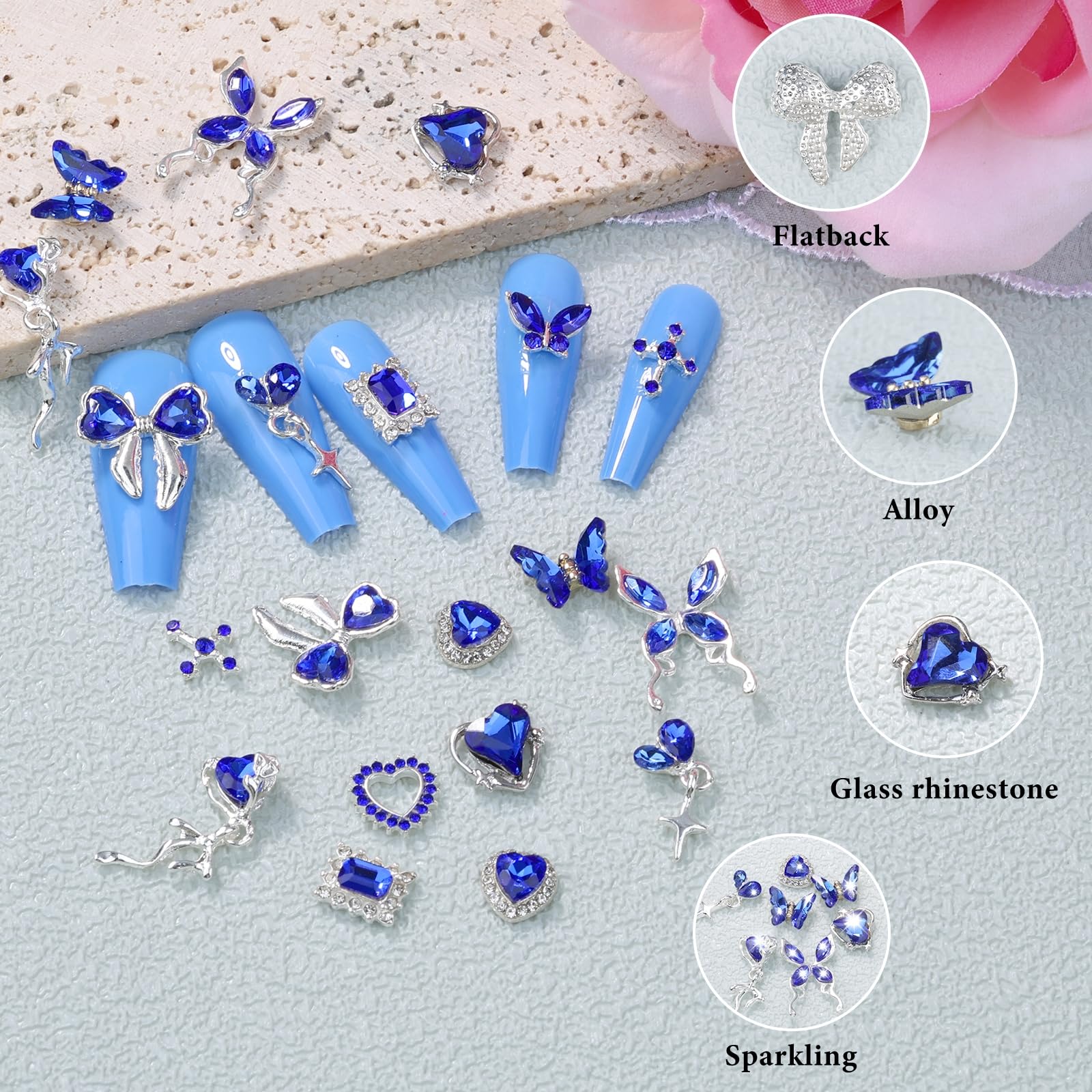 Edittime 24Pcs Silver Metal Alloy 3D Luxury Nail Rhinestones Kit Punk Y2K Star Moon Heart Love Butterfly Cross Crown Rhomboid Rh