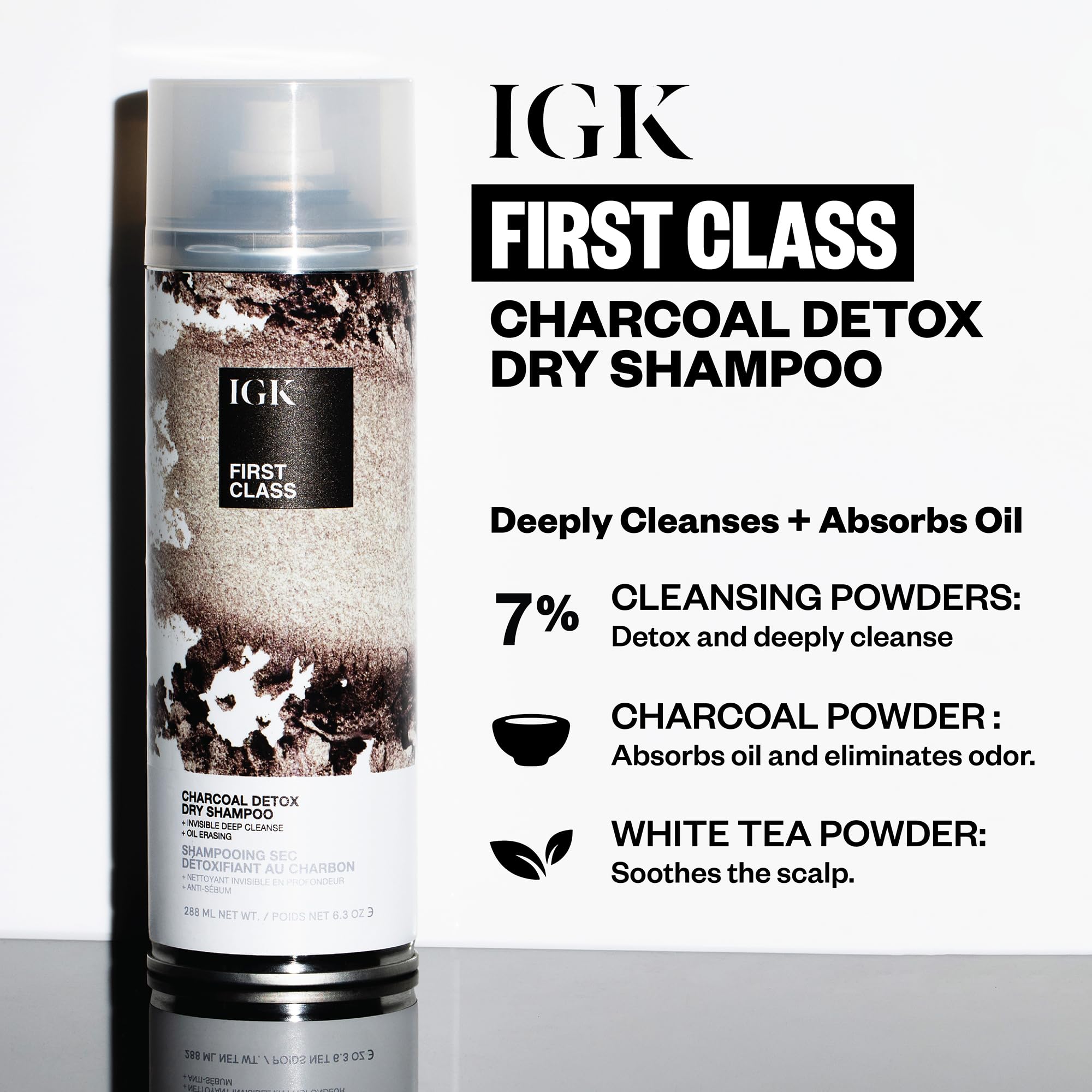 IGK Charcoal Detox Dry Shampoo for Oily Hair | 6.31 oz | Vegan, Cruelty-Free, Balances Oil, Soothes Scalp, Volumizes, White