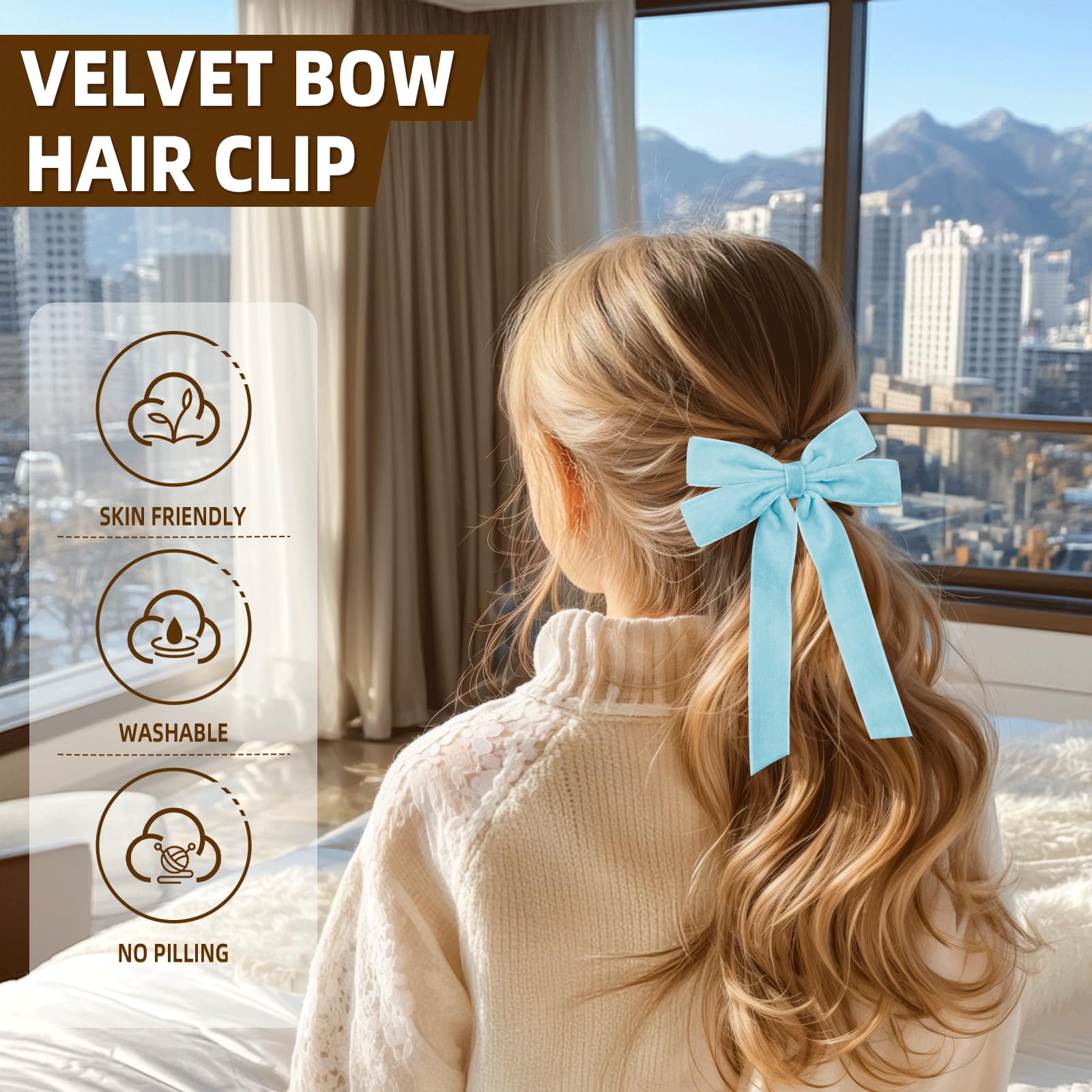 2Pcs Blue Hair Bows Soft Velvet Bow Hair Clip With Long Tail Hair Accessories For Women Girls Toddlers