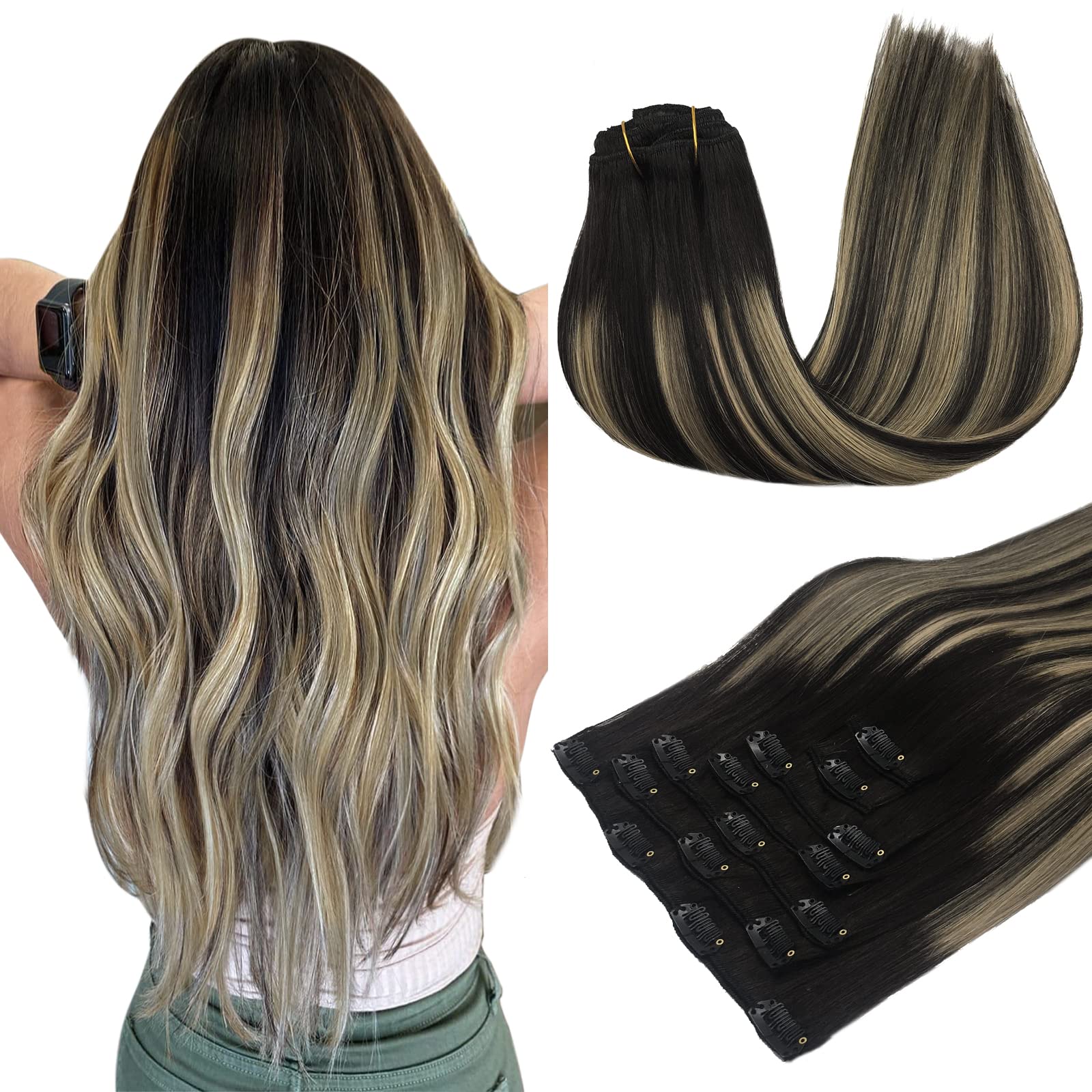 Clip in Hair Extensions Real Human Hair, 120g 7pcs 16 Inch, MAXITA Balayage Natural Black to Light Blonde Hair Extensions Clip i