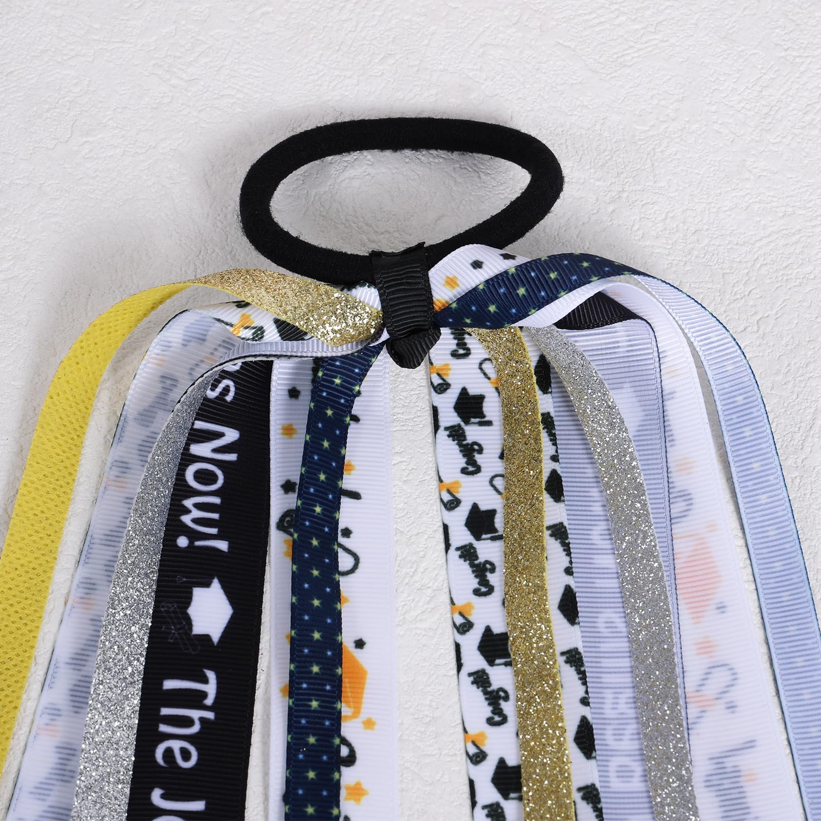 Happy Graduation Ponytail Streamer,Glitter Black Gold Ribbon Hair Tie,Elastic Pony Holder Bow,Graduation Hair Accessories for Gi