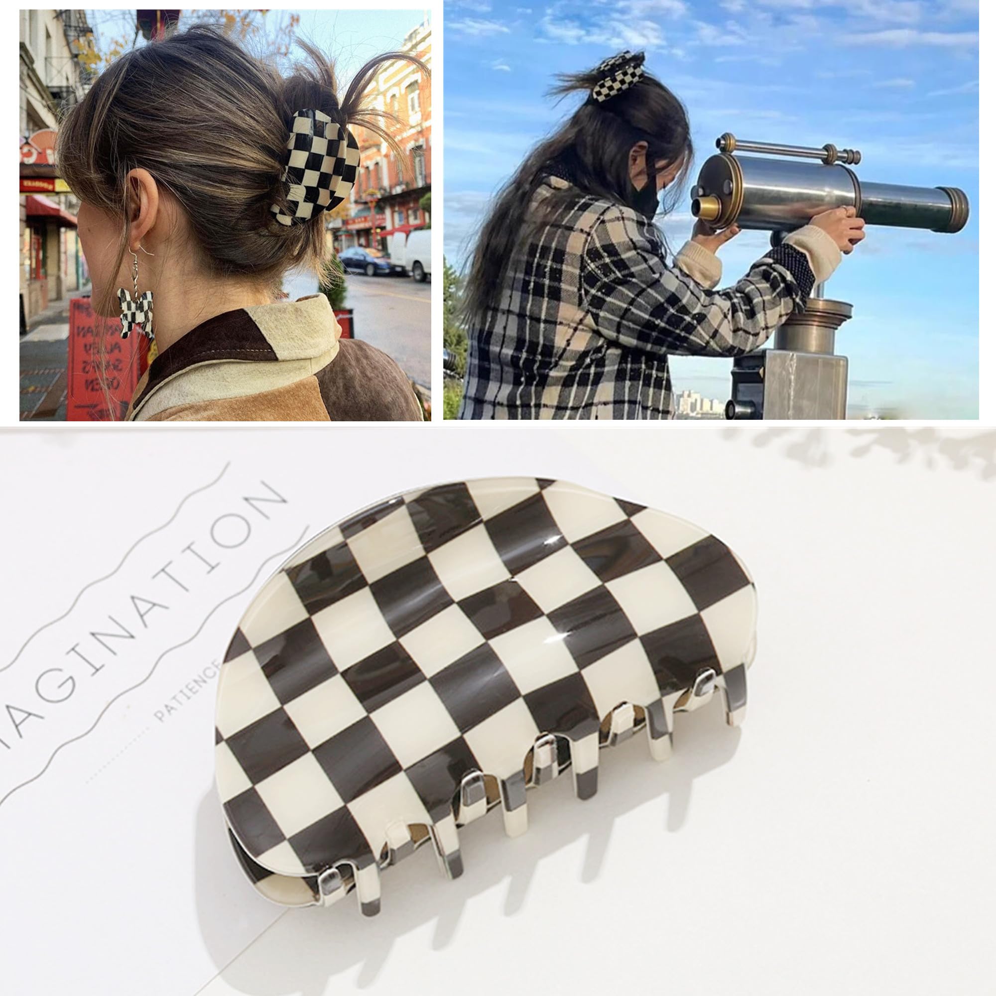Womens Checkered Hair Clip Medium Checkered Claw Clips Black And White Jaw Clip,3Pack