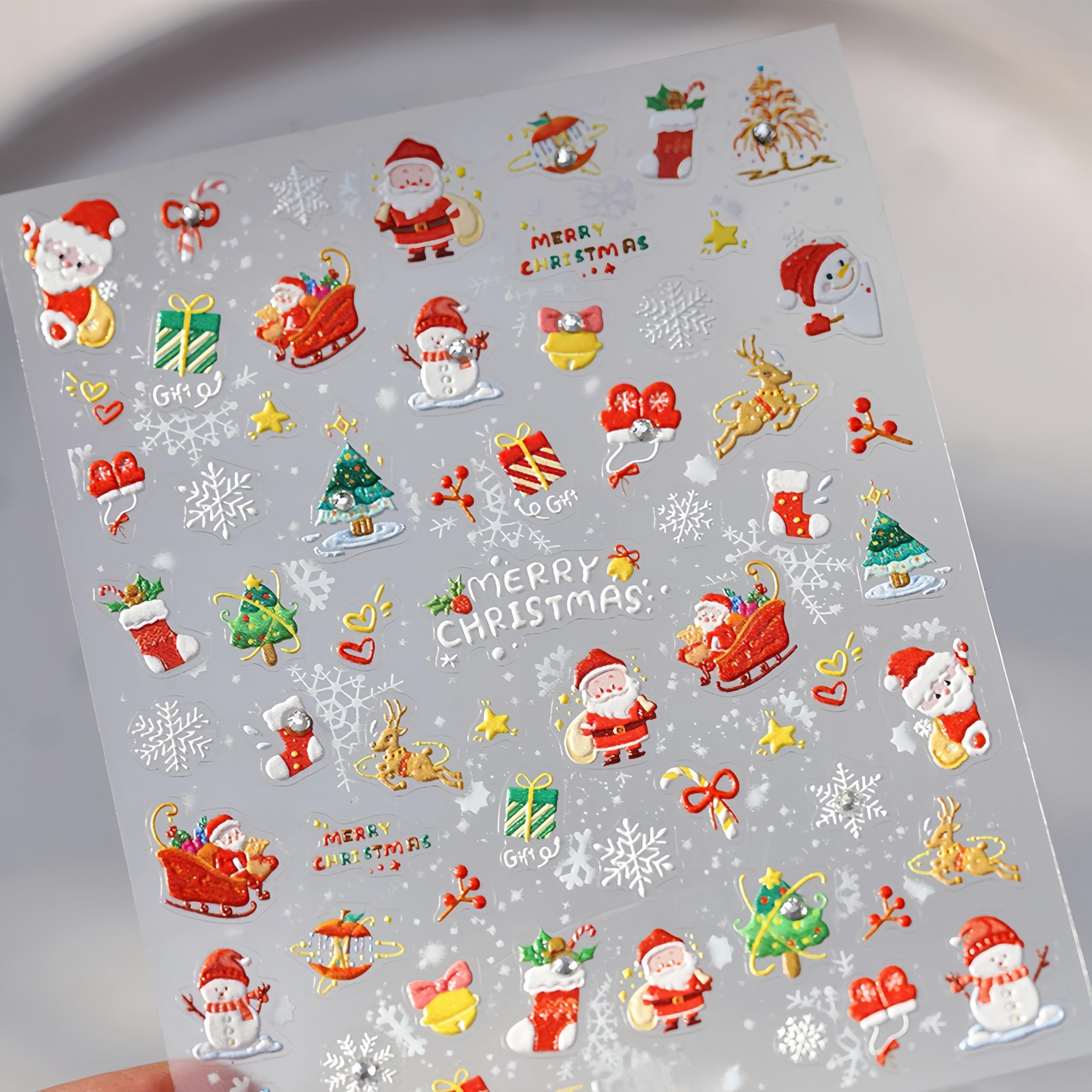 1Pcs Christmas Nail Art Stickers 5D Embossed Snowman Snowflakes Nail Stickers Santa Claus Christmas Tree Crystal Gloves Socks Na