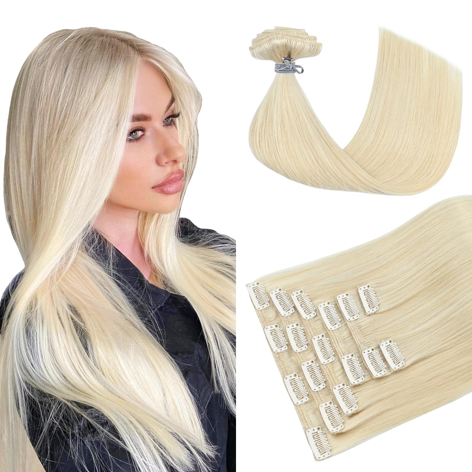 HUAYI Platinum Blonde Hair Extensions, Human Hair Clip in Extensions 120g 18Inch 7pcs Blonde 100% Real Human Hair Clip ins for W