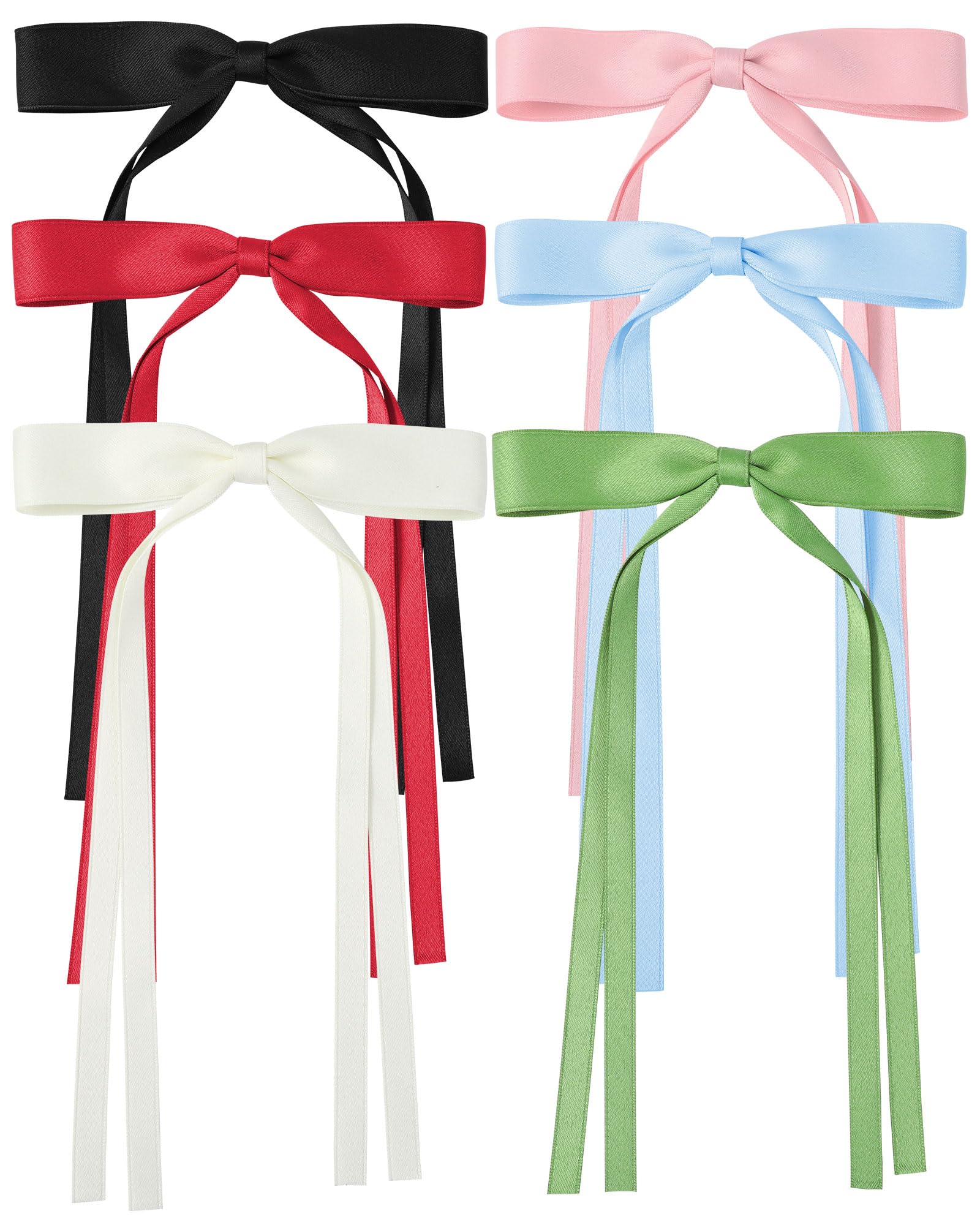 AWAYTR 6Pcs Women's Hair Accessory Hair Clips Tassel Ribbon Bowknot With Long Tail Solid Hair Ribbon (Black/Blue/Beige/Pink/Gree