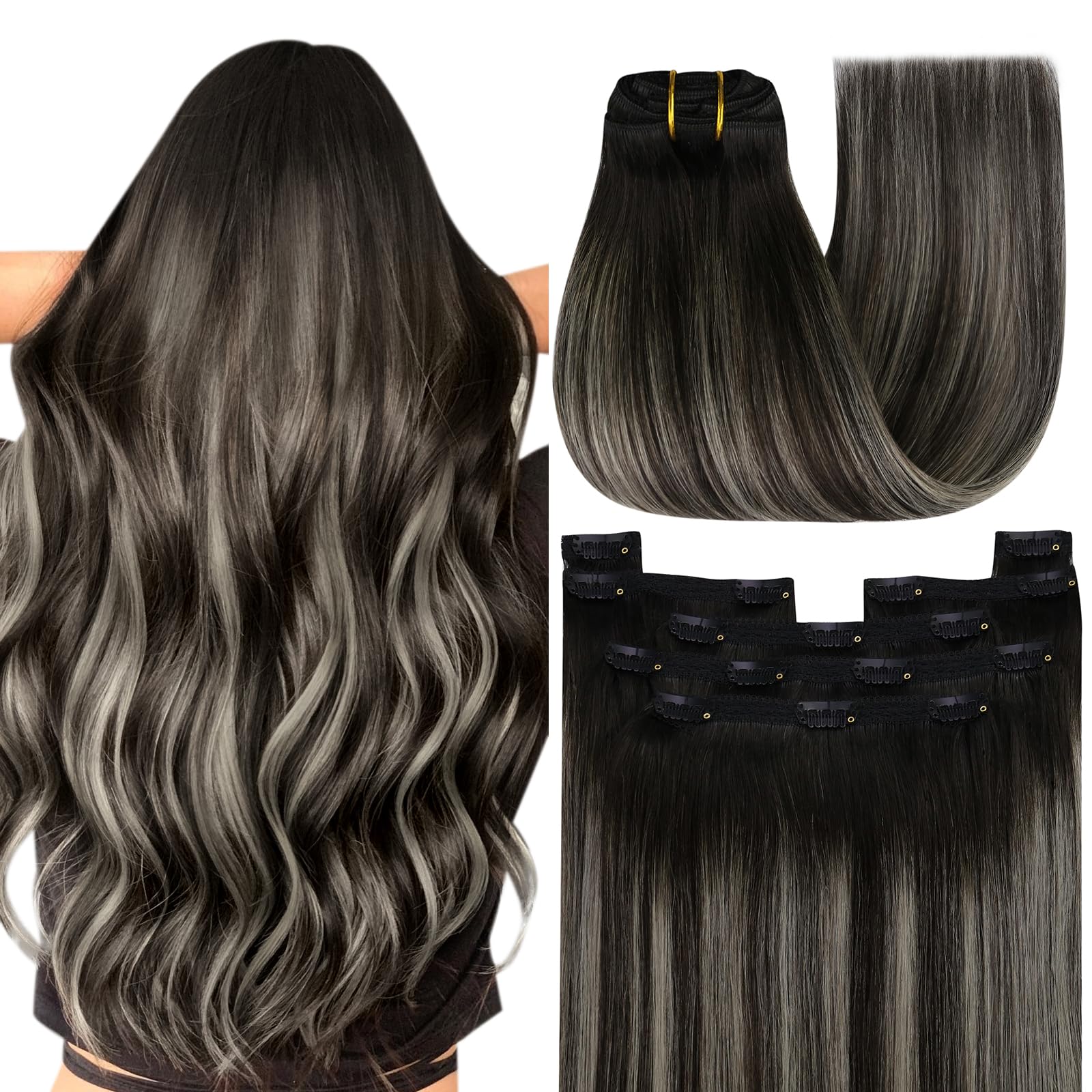 YoungSee 135G Clip in Hair Extensions Ombre Clip in Hair Extensions Human Hair Blend of Black and Silver with Black Roots Black 