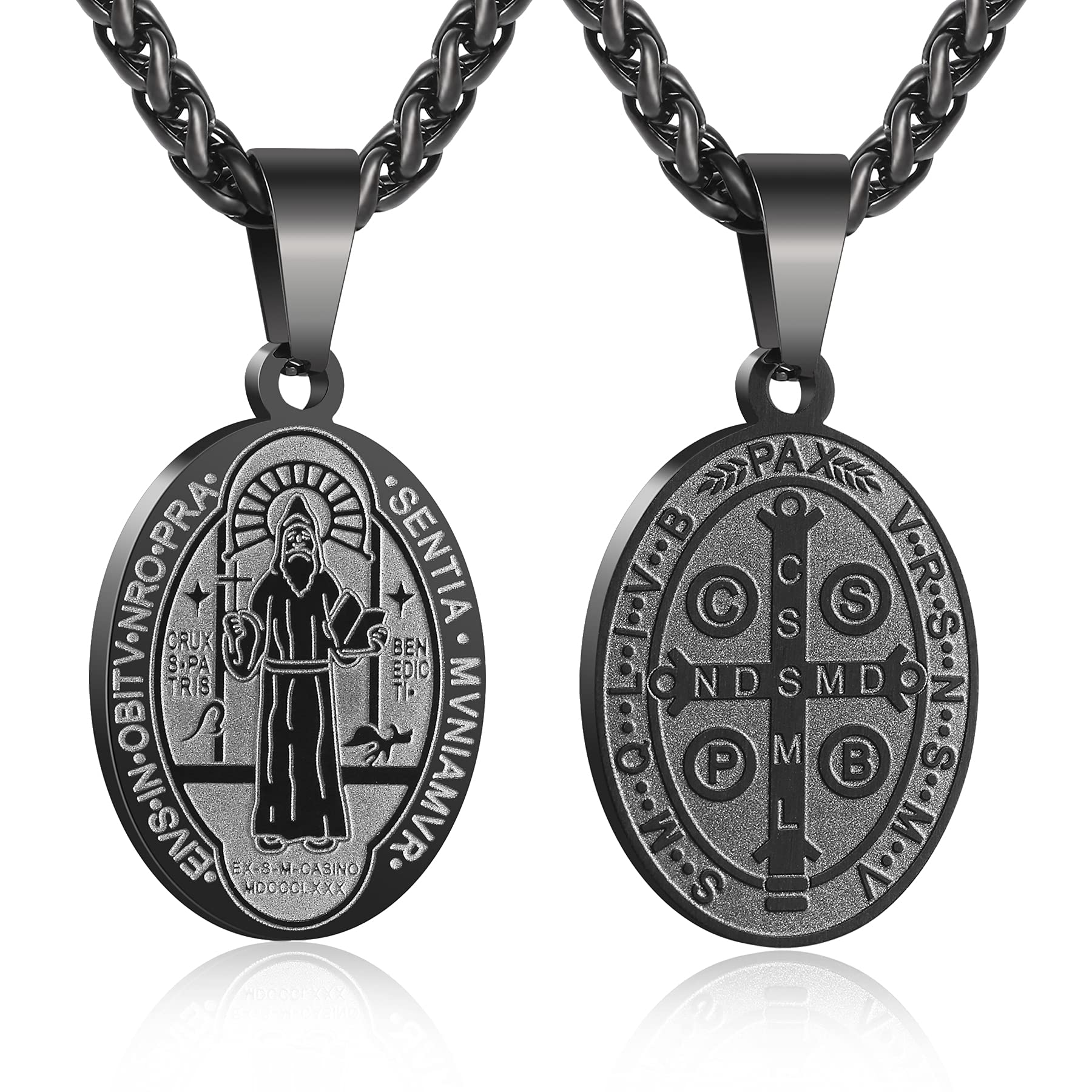 P. BLAKE Black St Saint Benedict Medal Necklace for Men, Stainless Steel Exorcism Catholic San Benito Medalla Religious Pendant 