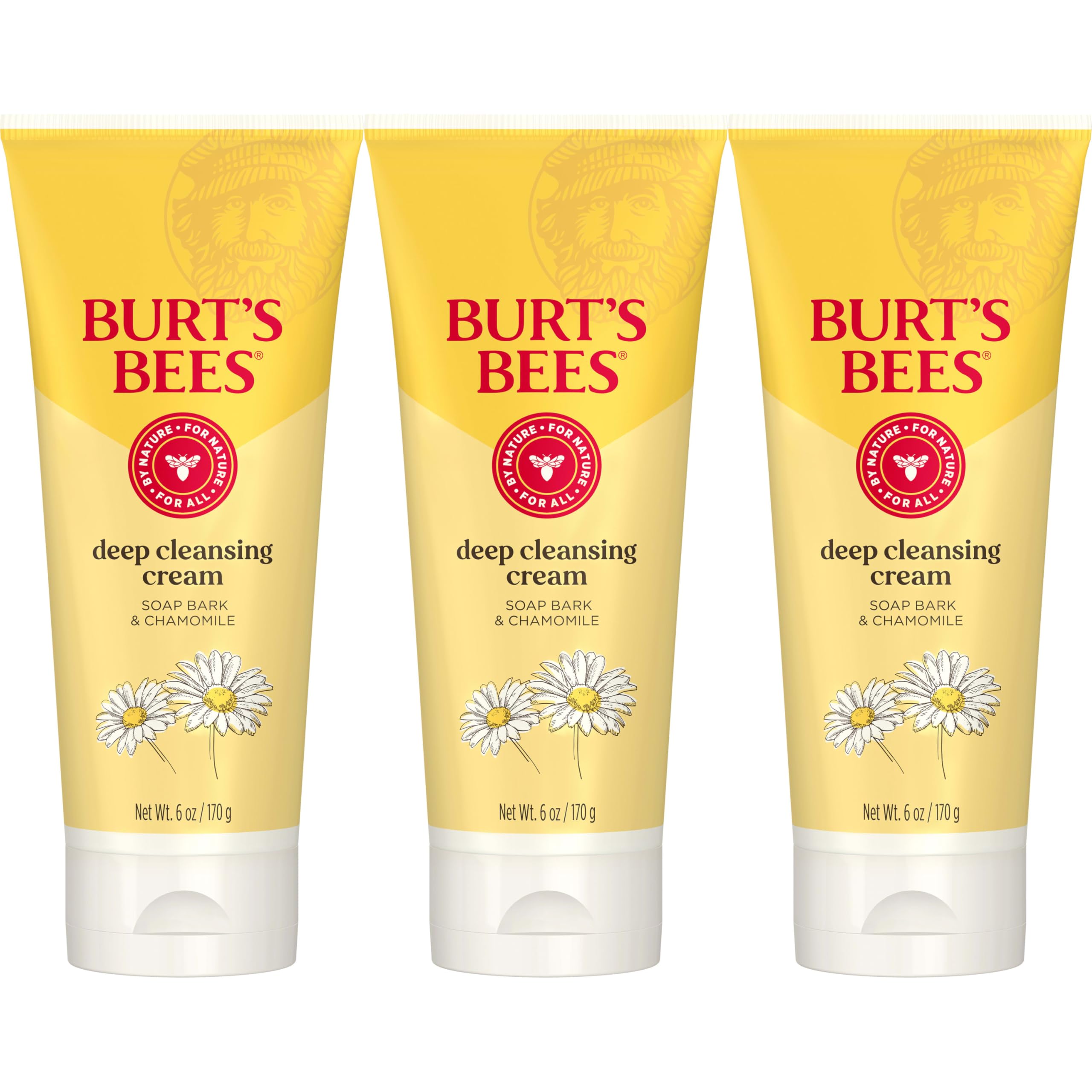 Burt's Bees Face Wash, Deep Facial Cleansing Cream, All Natural Cleanser with Chamomile, 6 Ounce (Pack of 3) (Packaging May Vary