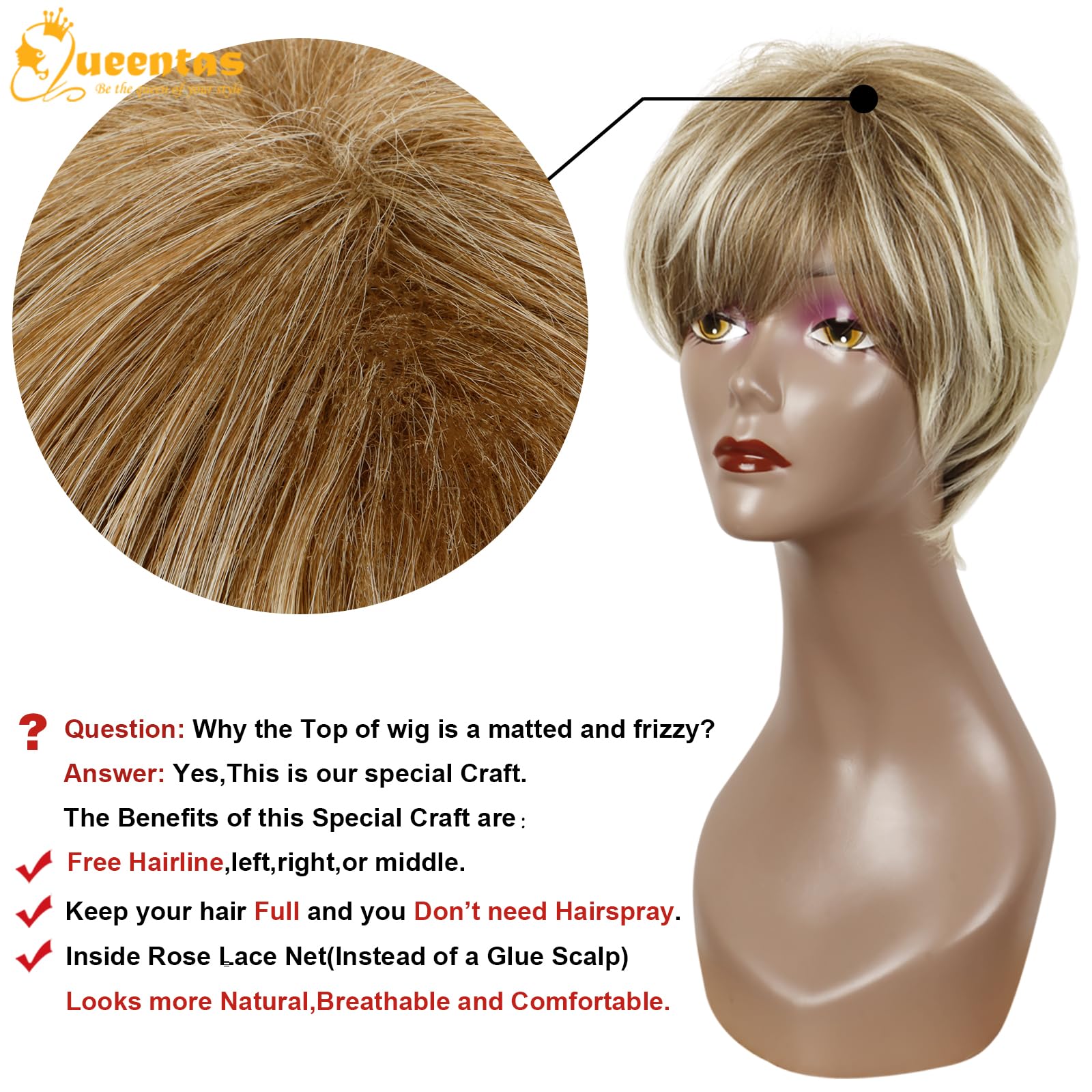 Queentas Pixie Layered Short Blonde Wigs For White Women Black Women Synthetic Hair (Blonde Mixed Brown)
