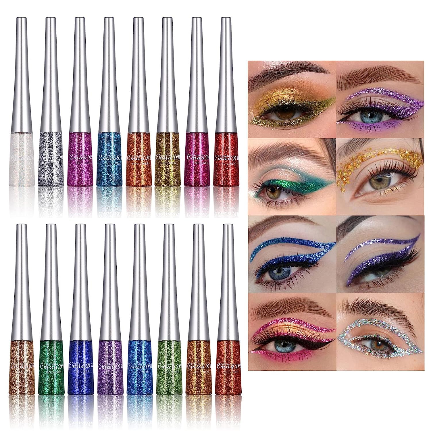16 Colors Glitter Metallic Liquid Eyeliner Set Waterproof Long Lasting Eye Liner Pencil Pigmented Shimmer Eye Makeup Gift Kit Fo