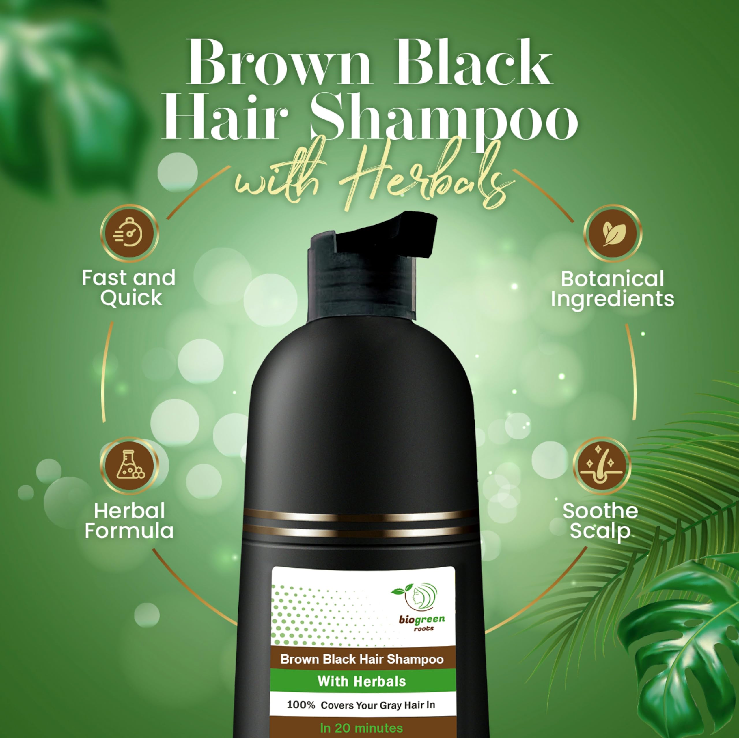 Biogreen Roots Ammonia-Free Herbal Hair Shampoo - Effectively Covers Gray Hair For Men And Women - Natural Color And Herbal Nour