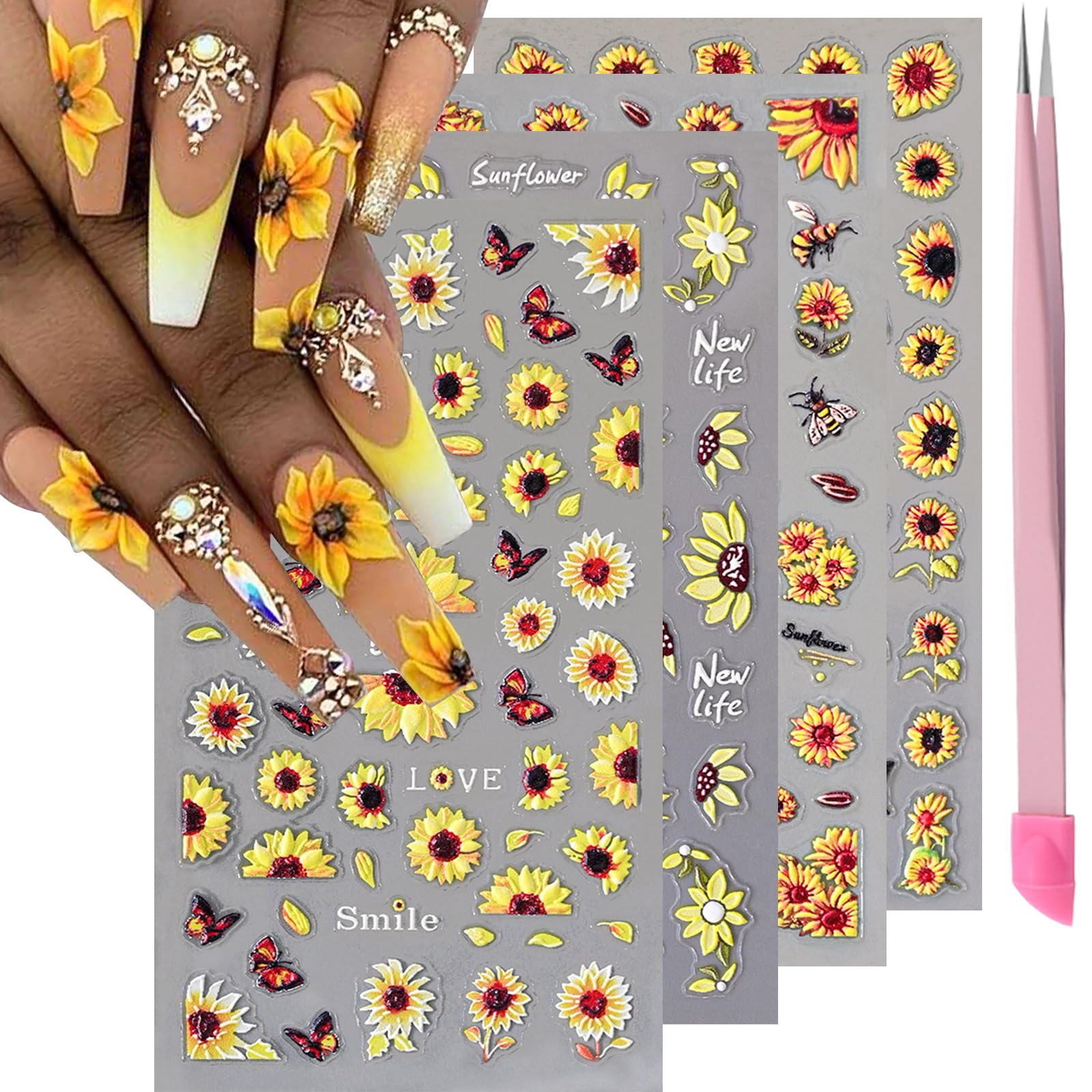 VOTACOS 4 Sheets 5D Flower Nail Art Stickers Embossed Nail Decals Autumn Nail Art Design 3D Self-Adhesive Sunflowers Nail Suppli