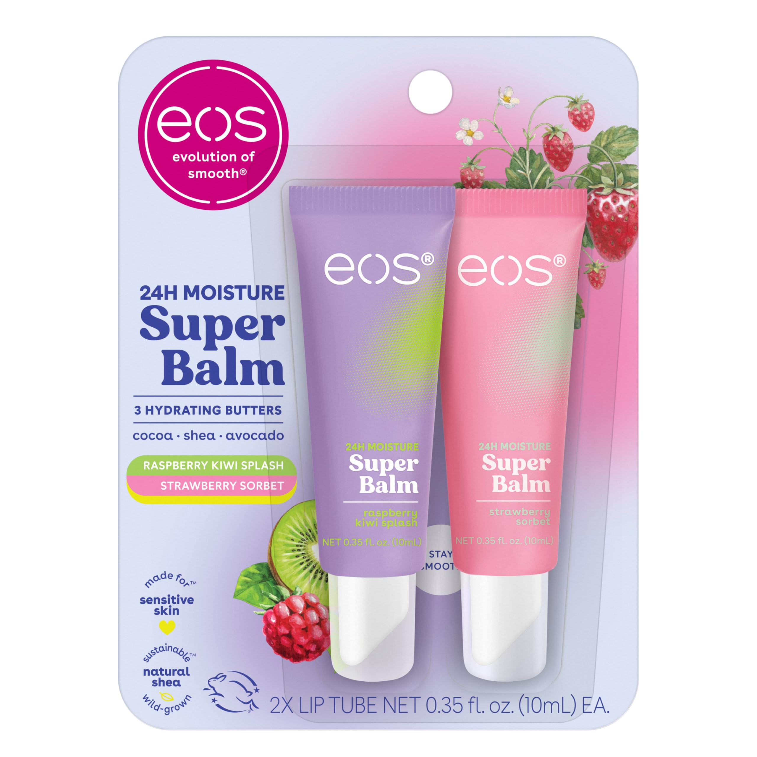 eos 24H Moisture Super Balm Raspberry Kiwi Splash & Strawberry Sorbet, Lip Mask, Day or Night Lip Treatment, Made for Sensitive