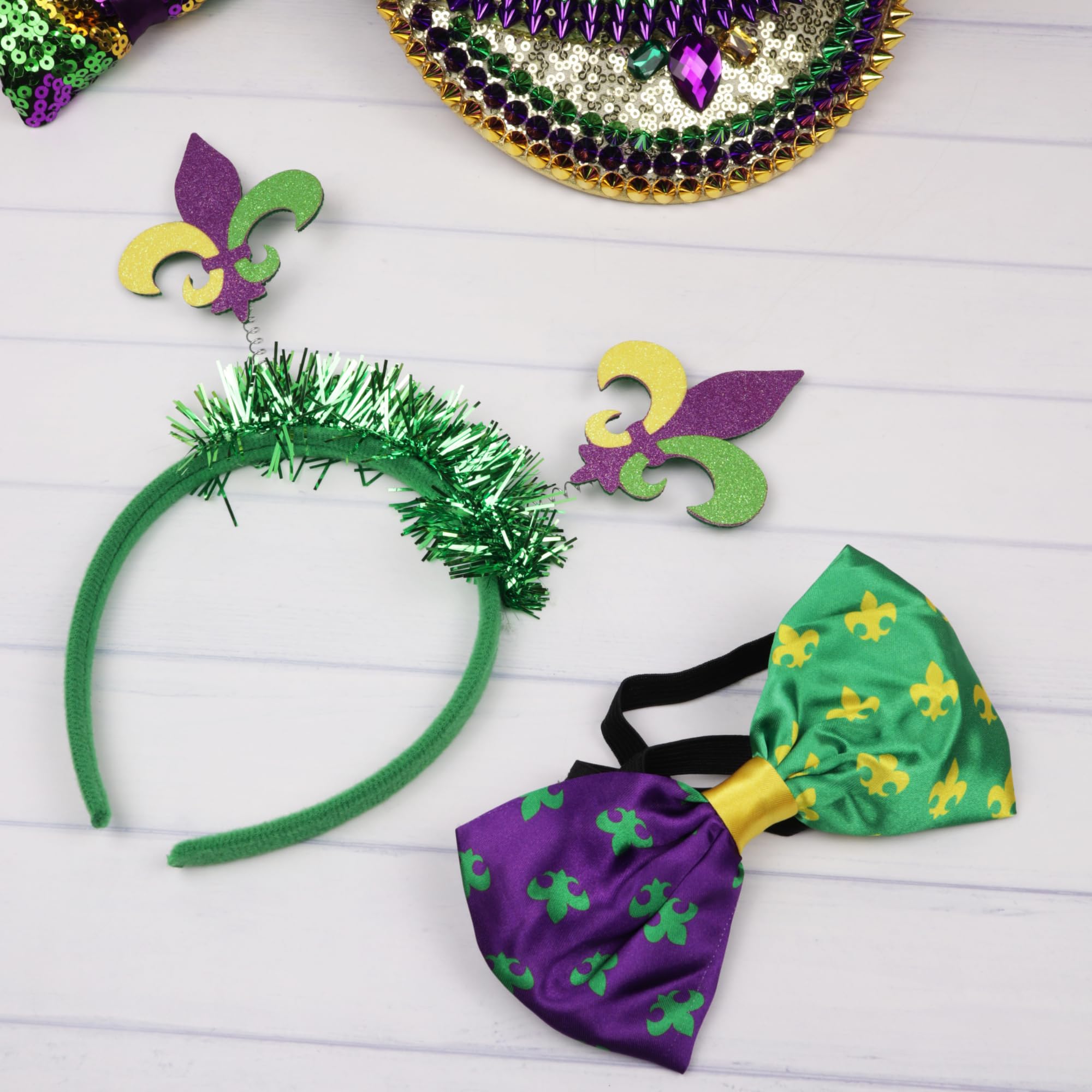 Needzo Mardi Gras Headband, Fleur De Lis Glittery Bopper Hair Band, Festive Party Parade Accessory, One Size Fits Most