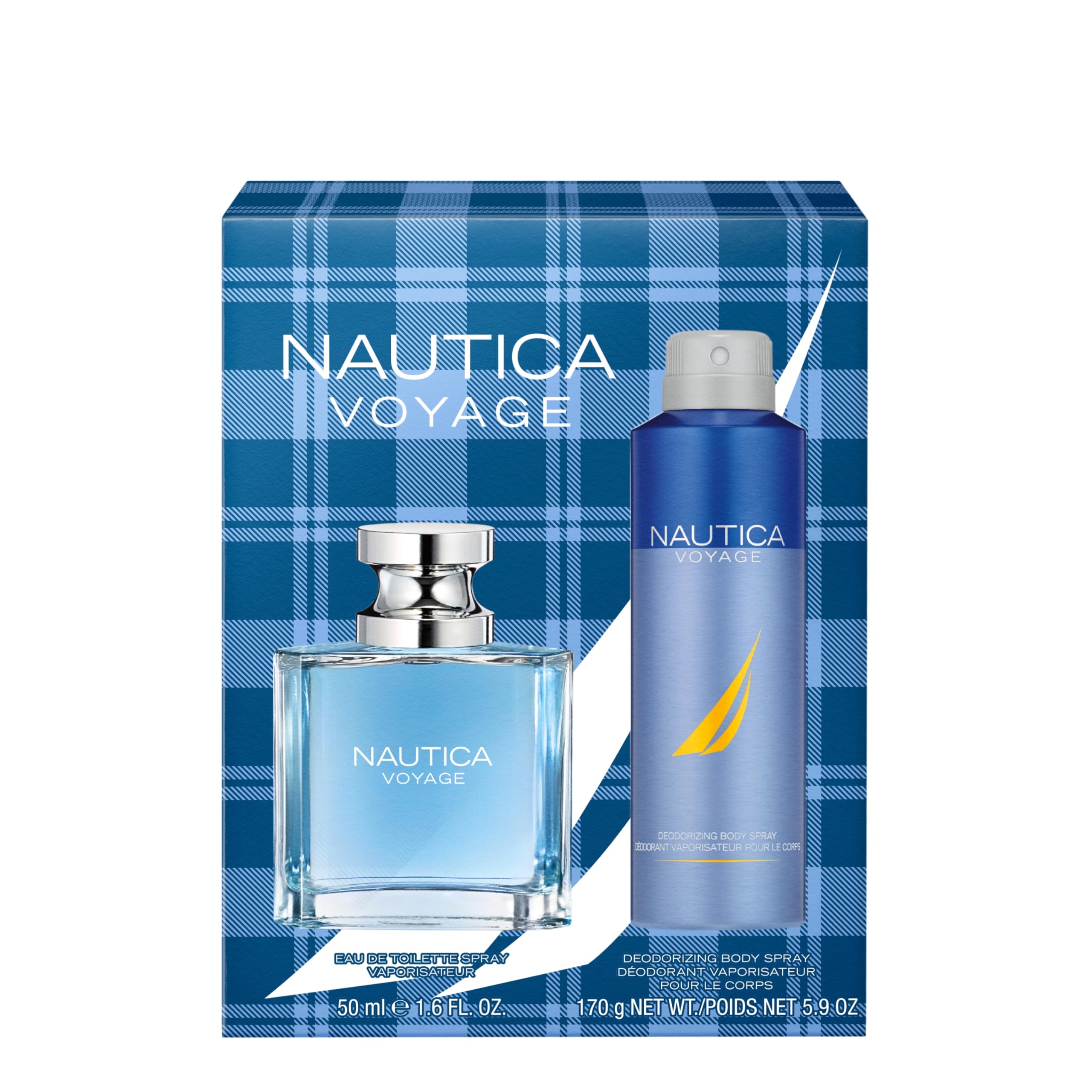 Nautica Voyage Giftset, 1.6 fl oz EDT + 6 oz Deodorizing Body Spray, Notes of Apple, Cedarwood, Mimosa, Men's Fragrance, Long La