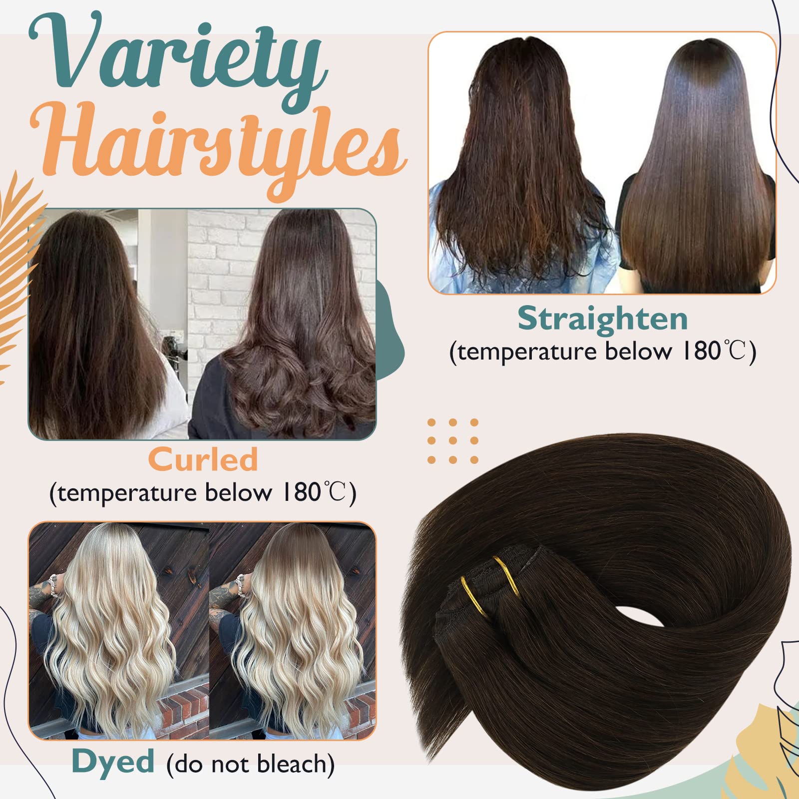 Sunny Clip on Hair Extensions Human Hair Darkest Brown Hair Clip in Human Hair Extensions Dark Brown Clip in Hair Extensions Nat