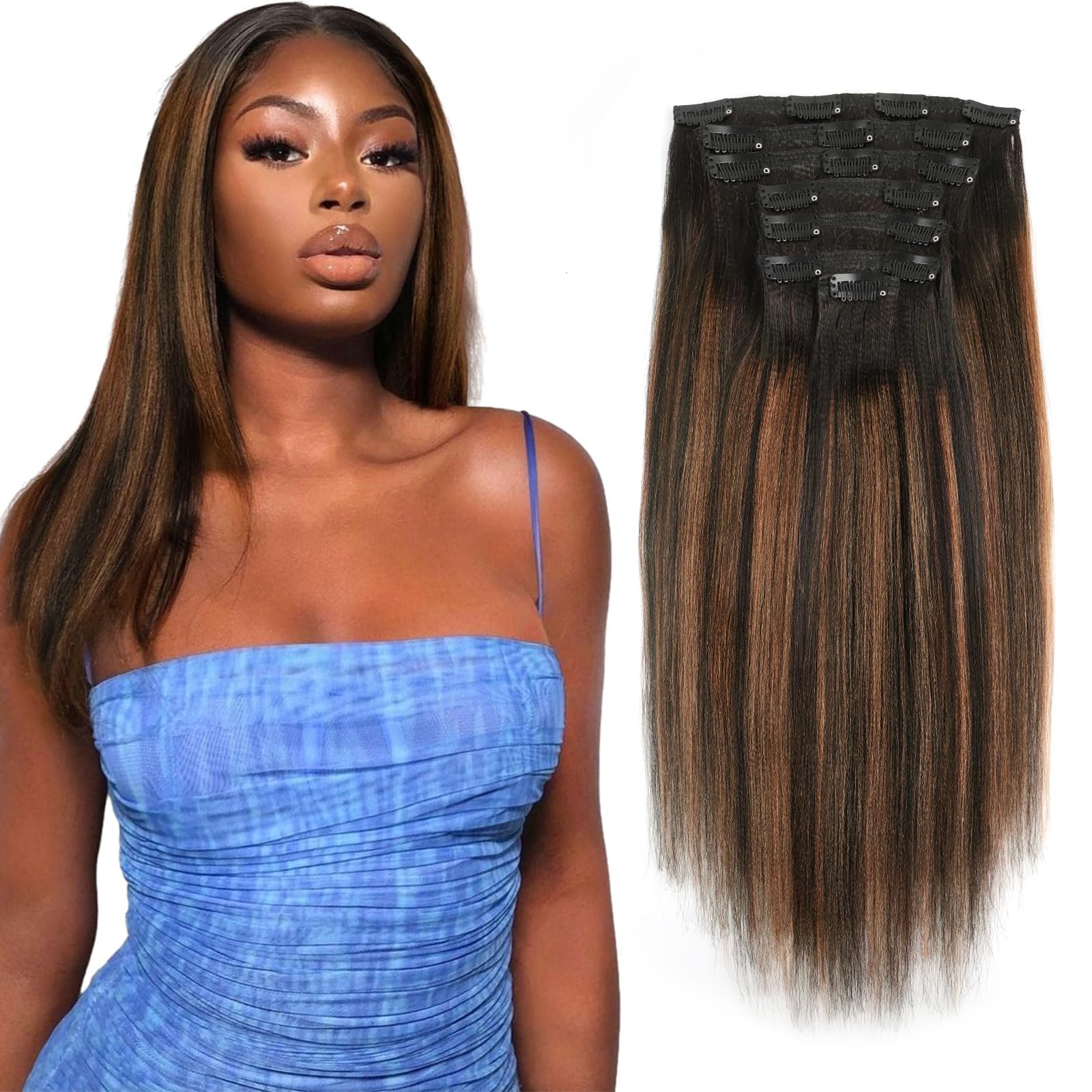ABH AMAZINGBEAUTY HAIR Yaki Straight Clip ins Human Hair Rooted Black Piano Natural Black #1B Mixed With Light Auburn #30 Two To