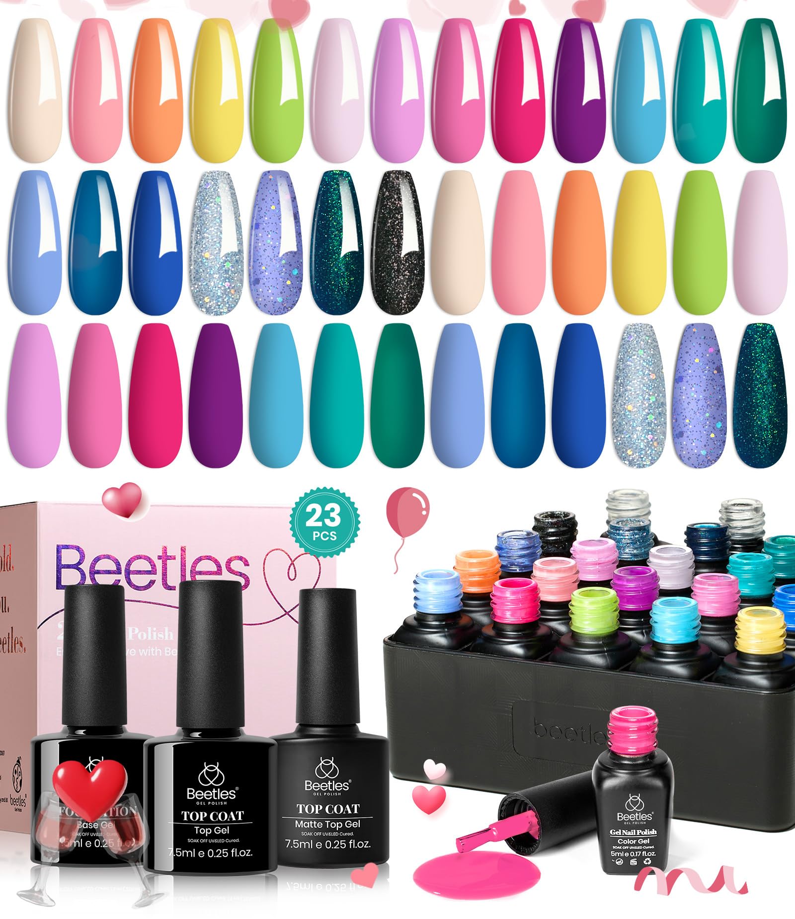 Beetles 23Pcs Gel Nail Polish Set with Base Gel Top Coat Spring Bright Colors, 2025 Gel Polish Kit Blue Pink Purple Orange Green