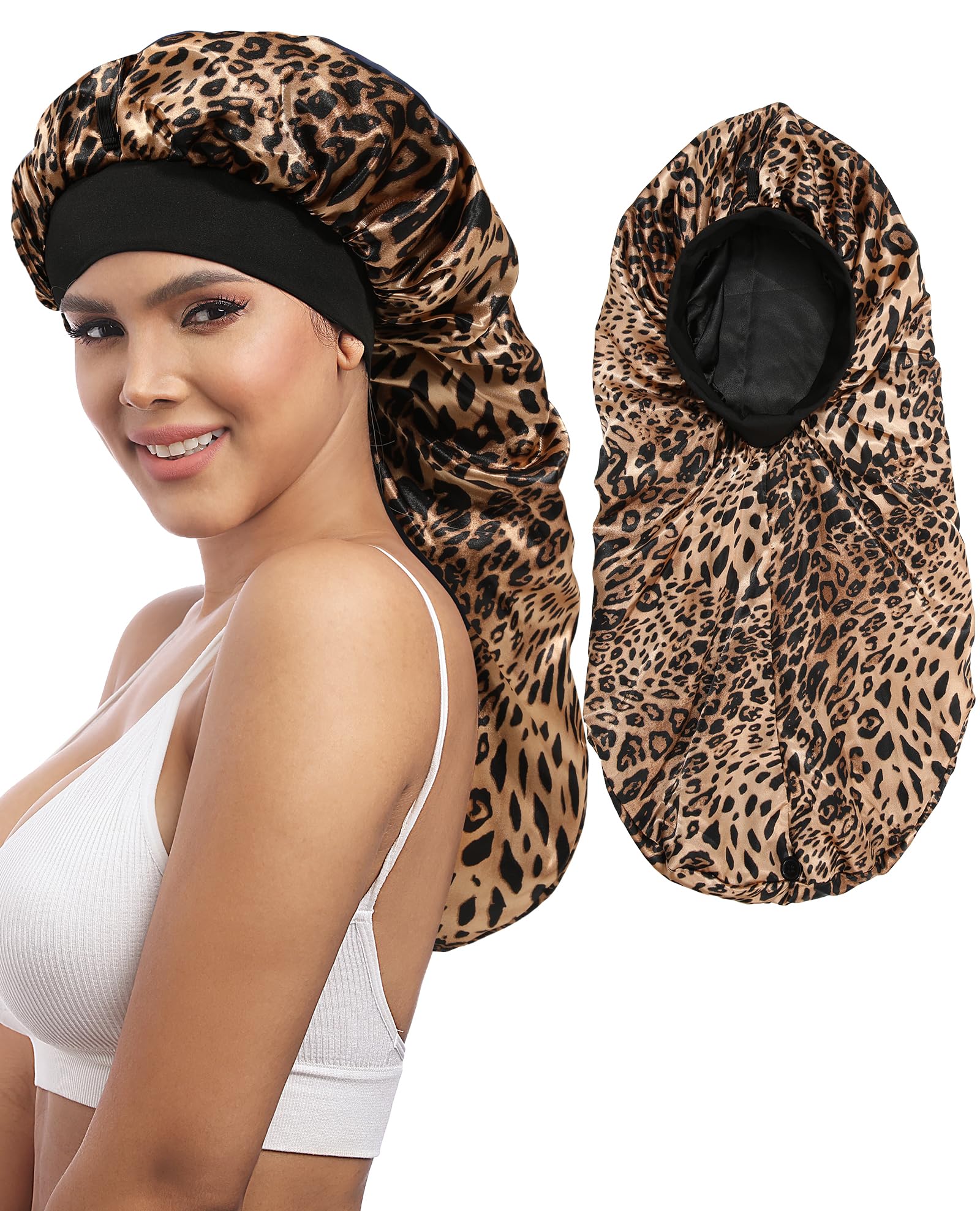 AWAYTR Long Satin Braids Bonnet for Women - 2 Layer Silk Bonnet for Braids Elastic Hair Sleeping Cap with Wide Band Nightcap (Le