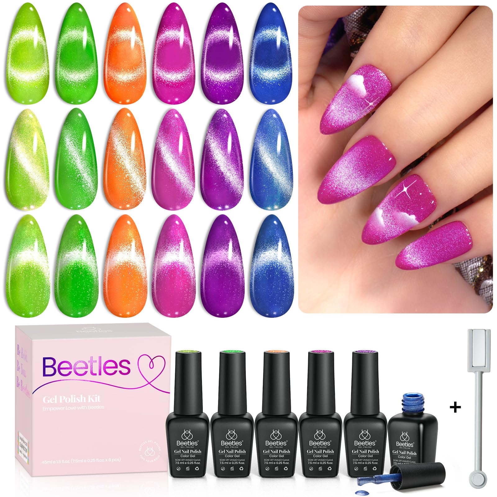 Beetles 6 Colors Summer Neon Cat Eye Gel Nail Polish Kit With Double-Ended Magnet, Bright Orange Blue Green Purple Holographic G