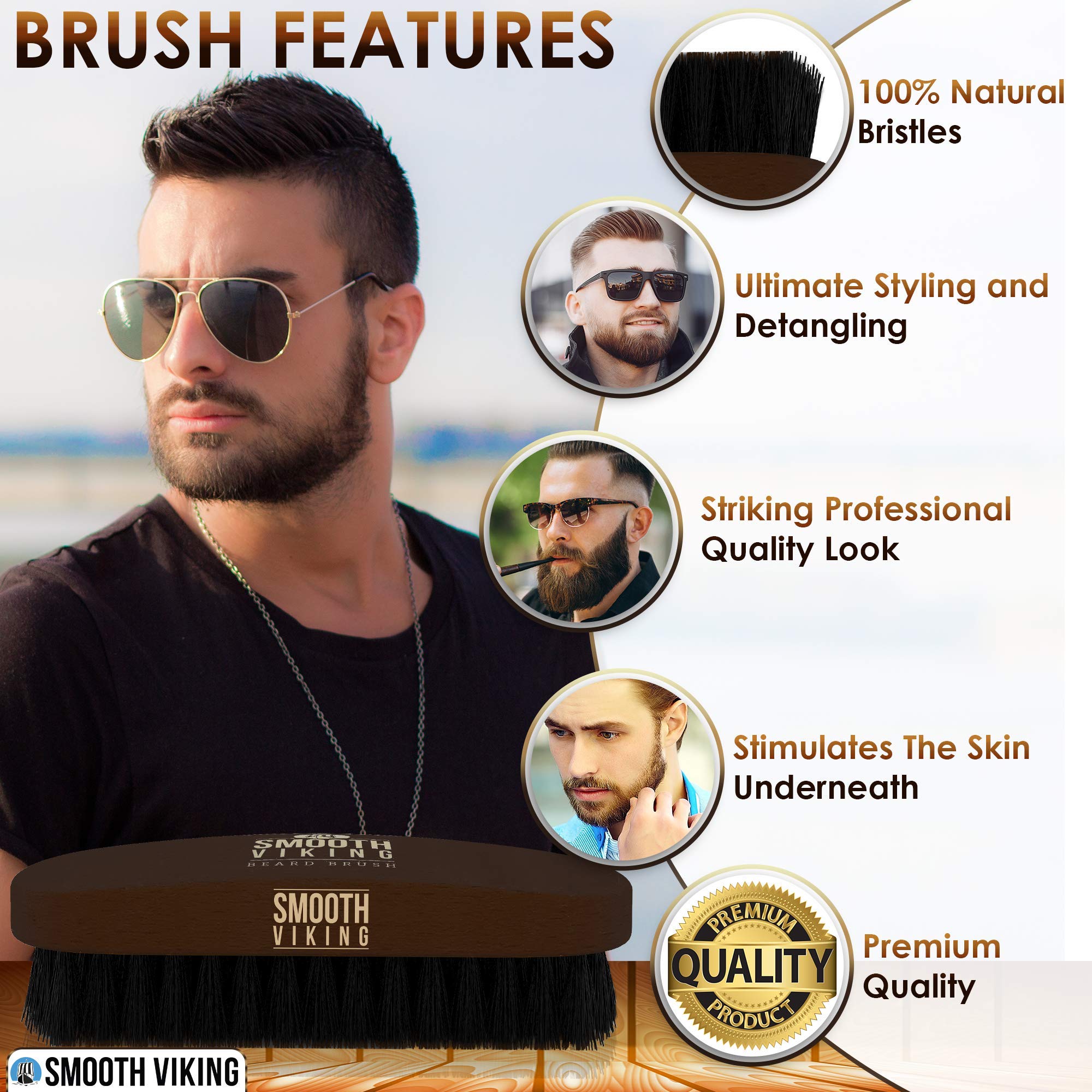 Smooth Viking Beard Brush & Comb Gift Set For Men - Natural Boar Bristle Hair Brush & Wooden Comb, Boar Brush For Facial Hair St