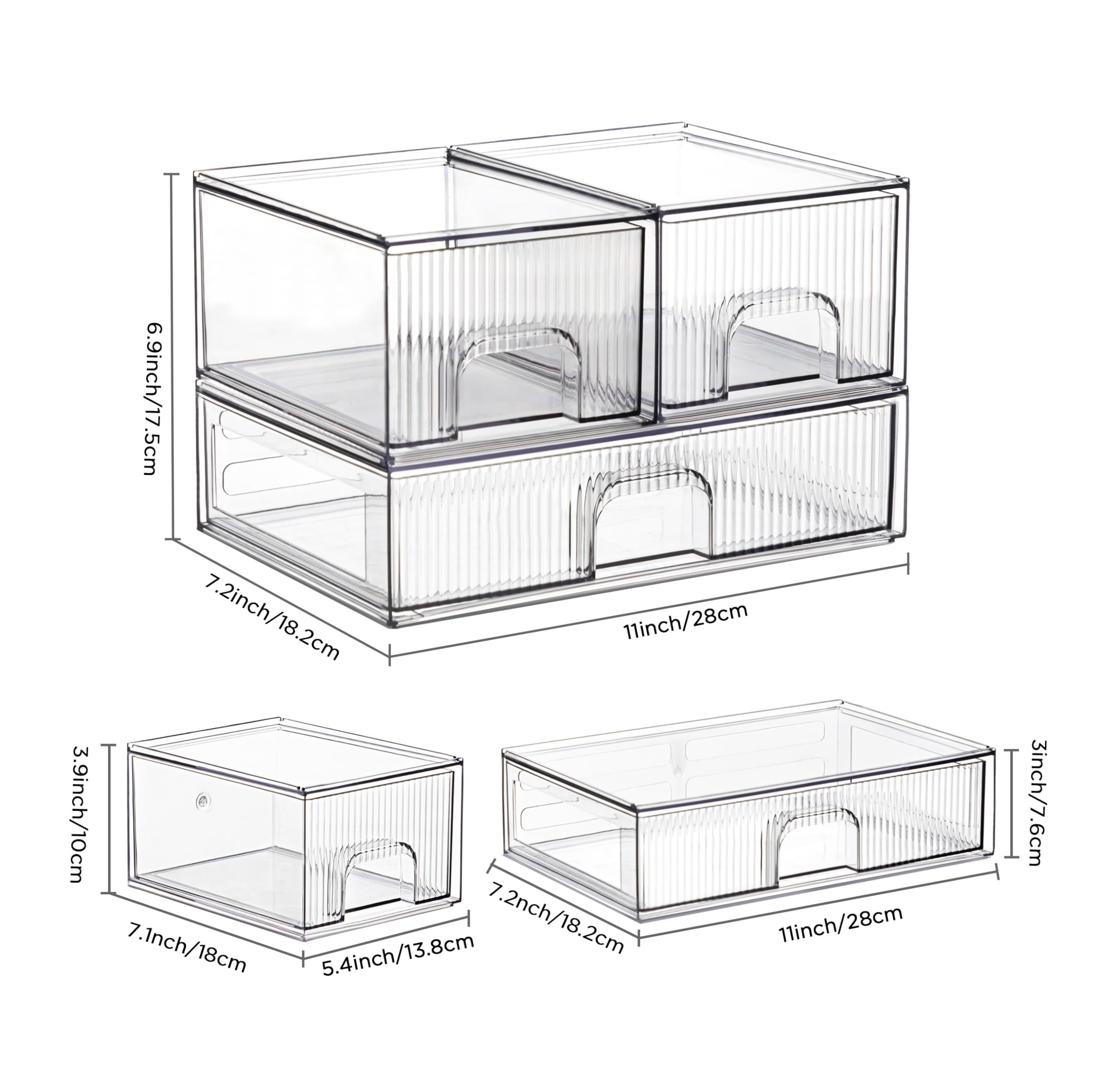 Vorey Clear Stackable Desk Storage Drawers, 3 Pack Acrylic Bathroom Makeup Organizers, Easily Assemble All Purpose Plastic Bins
