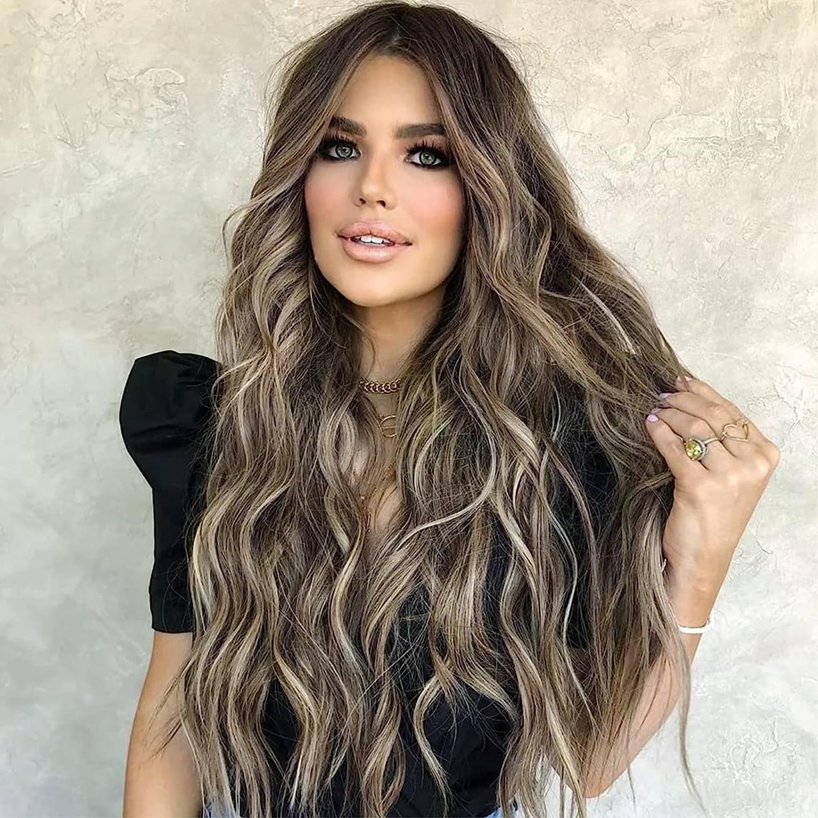 AISI QUEENS Long Wigs for Women Wavy Ombre Wig Middle Part Ash Brown and Bleach Blonde Curly Wigs Natural Looking Hair Replaceme