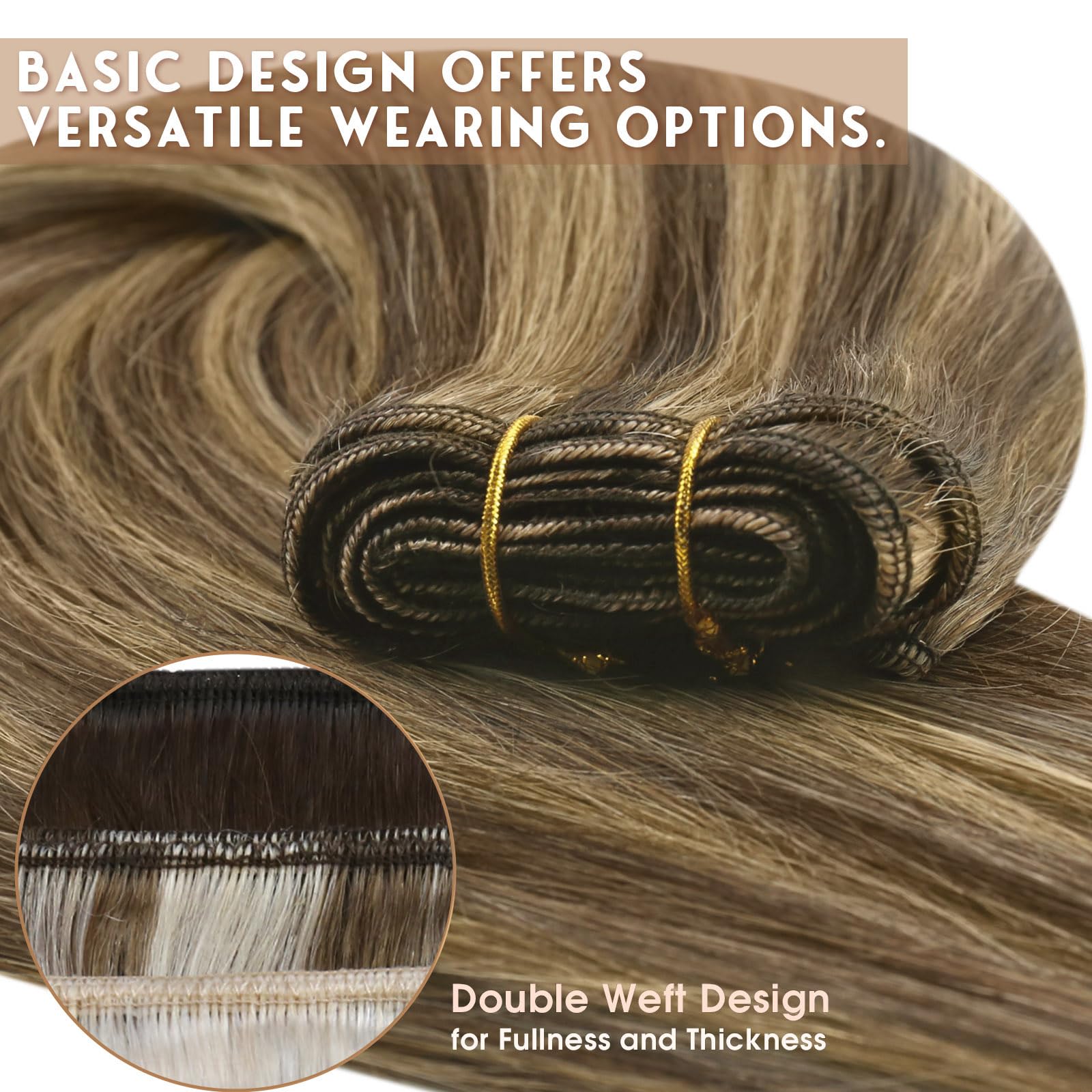 Sunny 120g Weft Hair Extensions Dark Brown with Caramel Blonde Highlights Human Hair Sew in Extensions Brown Weft Hair Extension