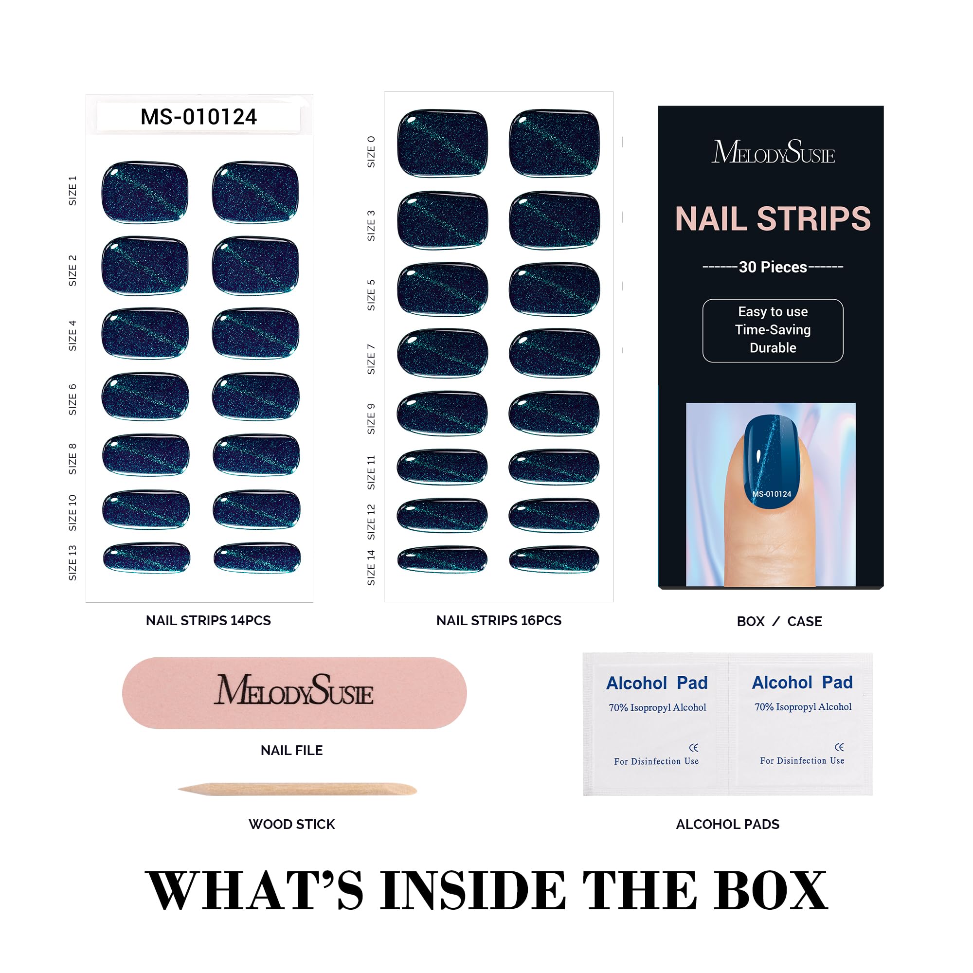 Melodysusie Semi Cured Gel Nail Strips (Deep Blue Cat Eye)- Works With Any Nail Lamps, Salon-Quality, Long Lasting, Easy To Appl