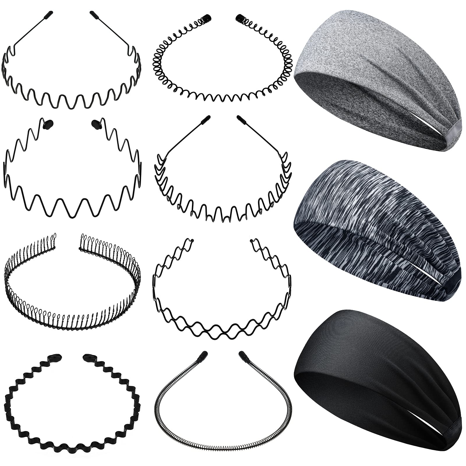 11 Pieces Metal Headband and Sports Headbands, Elastic Headbands Spring Wave Non Slip Hairband Unisex Hair Accessories for Men a