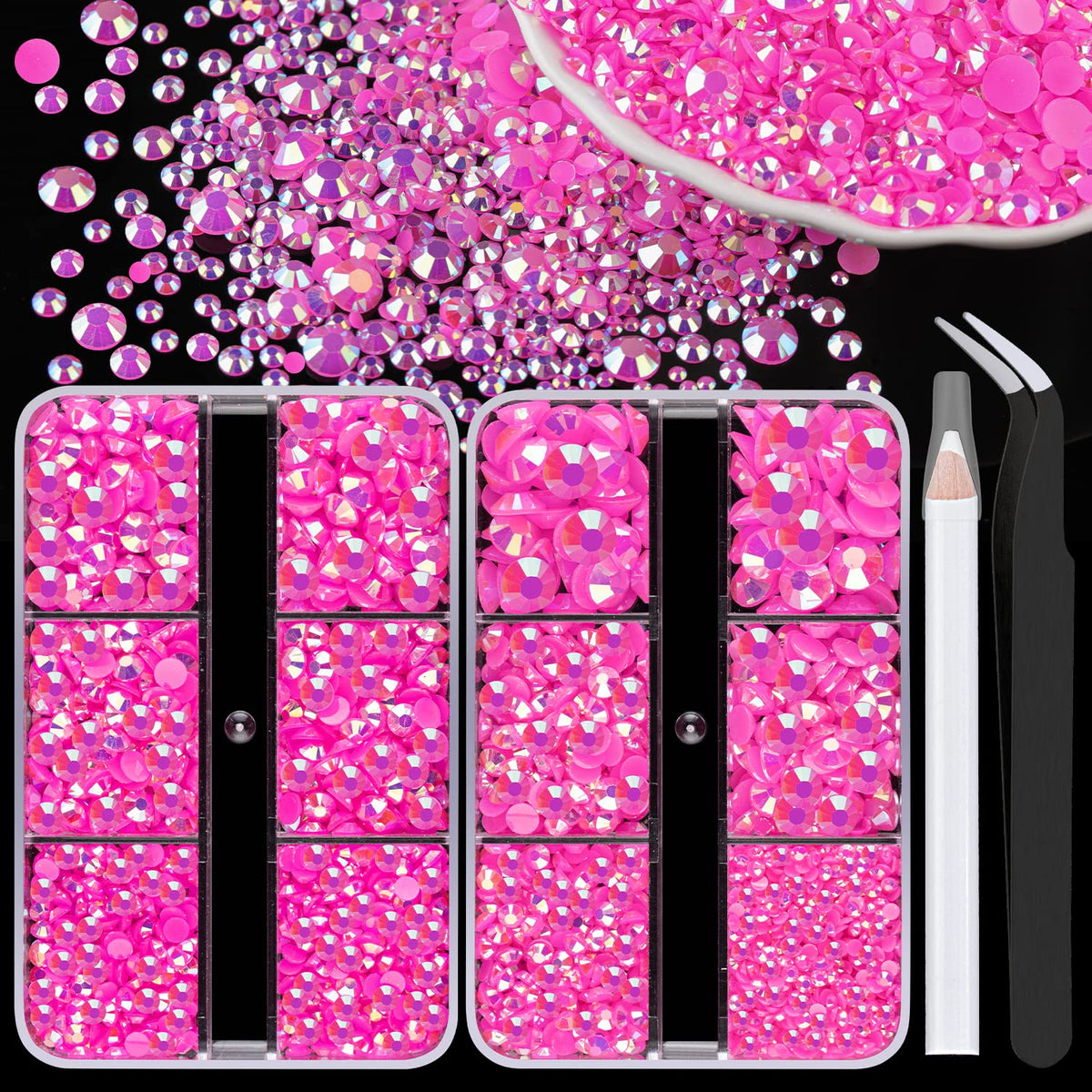 BELLEBOOST Resin Rhinestones Kits, 2/3/4/5/6mm Flatback Jelly Rhinestones, 2 Box Hot Pink AB Non Hotfix Crystal Gems for DIY Cra