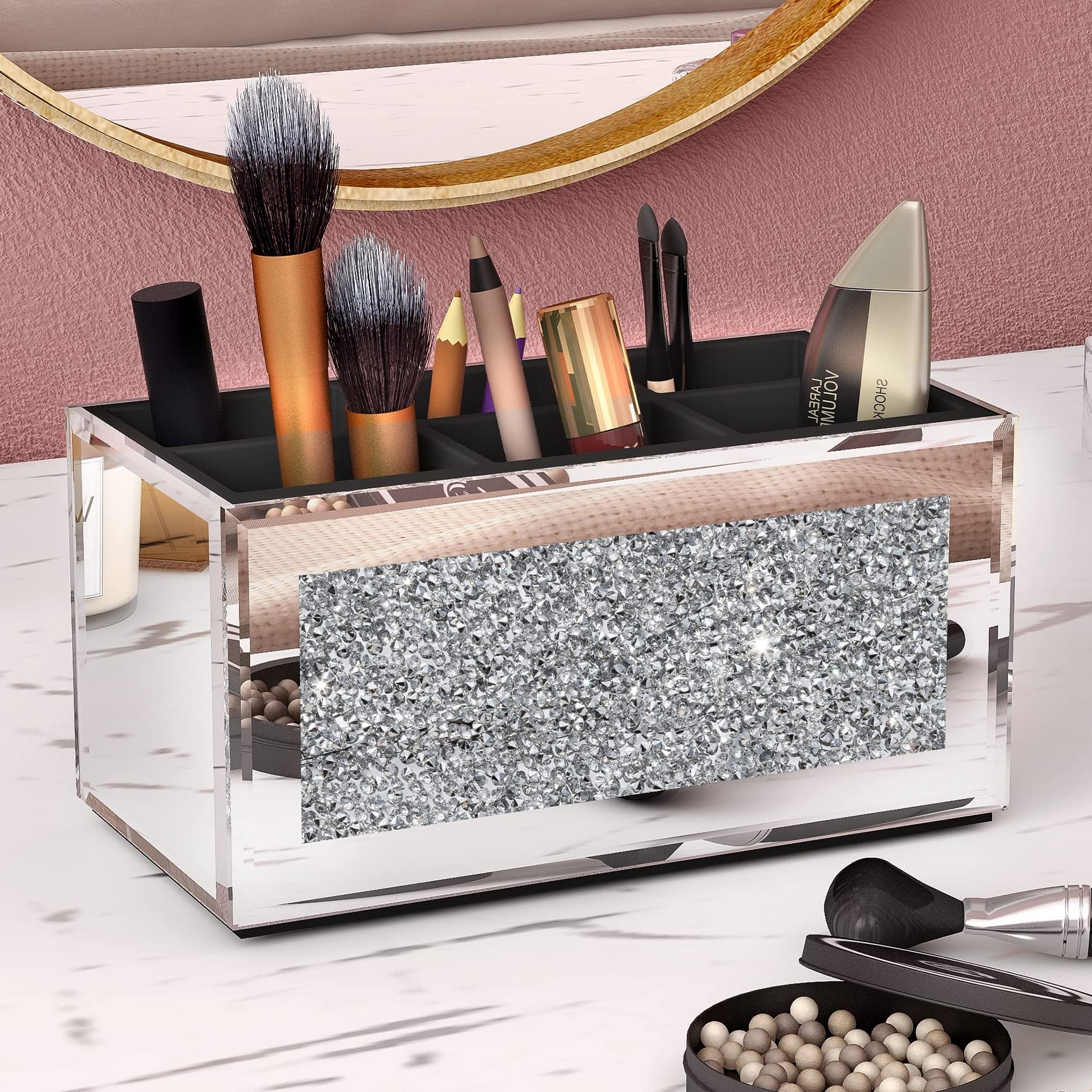 SHYFOY Makeup Brush Holder Organizer with Crushed Diamond 6 Slot Mirrored Make up Cosmetics Organizers and Storage for Vanity Co