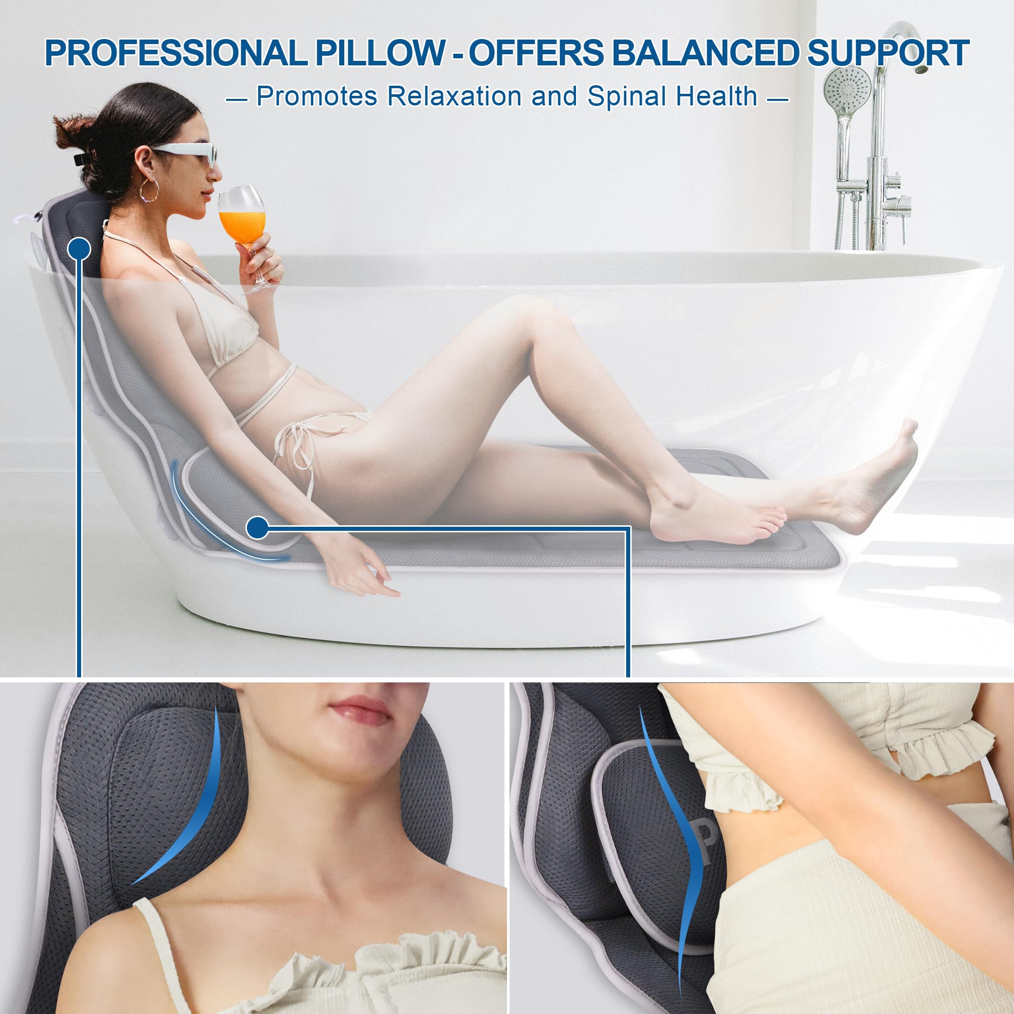 Poemland Luxury Full Body Bath Pillow For Bathtub - Extra Large & Waist Support Cushion, Exclusive Anti-Slip Coating Bathtub Mat
