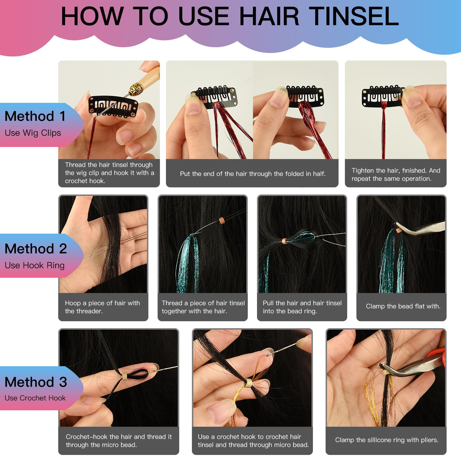 Plulon 20 Colors Hair Tinsel Kit With Tools 4000 Strands 47 Inches Tinsel Hair Extensions Glitter Fairy Hair Extensions Tinsel K
