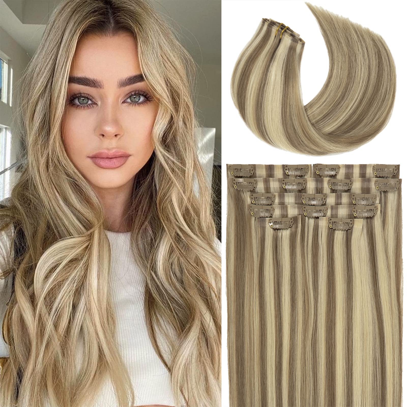 Lacer Hair Seamless Clip in Hair Extensions Real Human Hair Light Brown with Platinum Blonde Highlights Hair Extensions Comforta