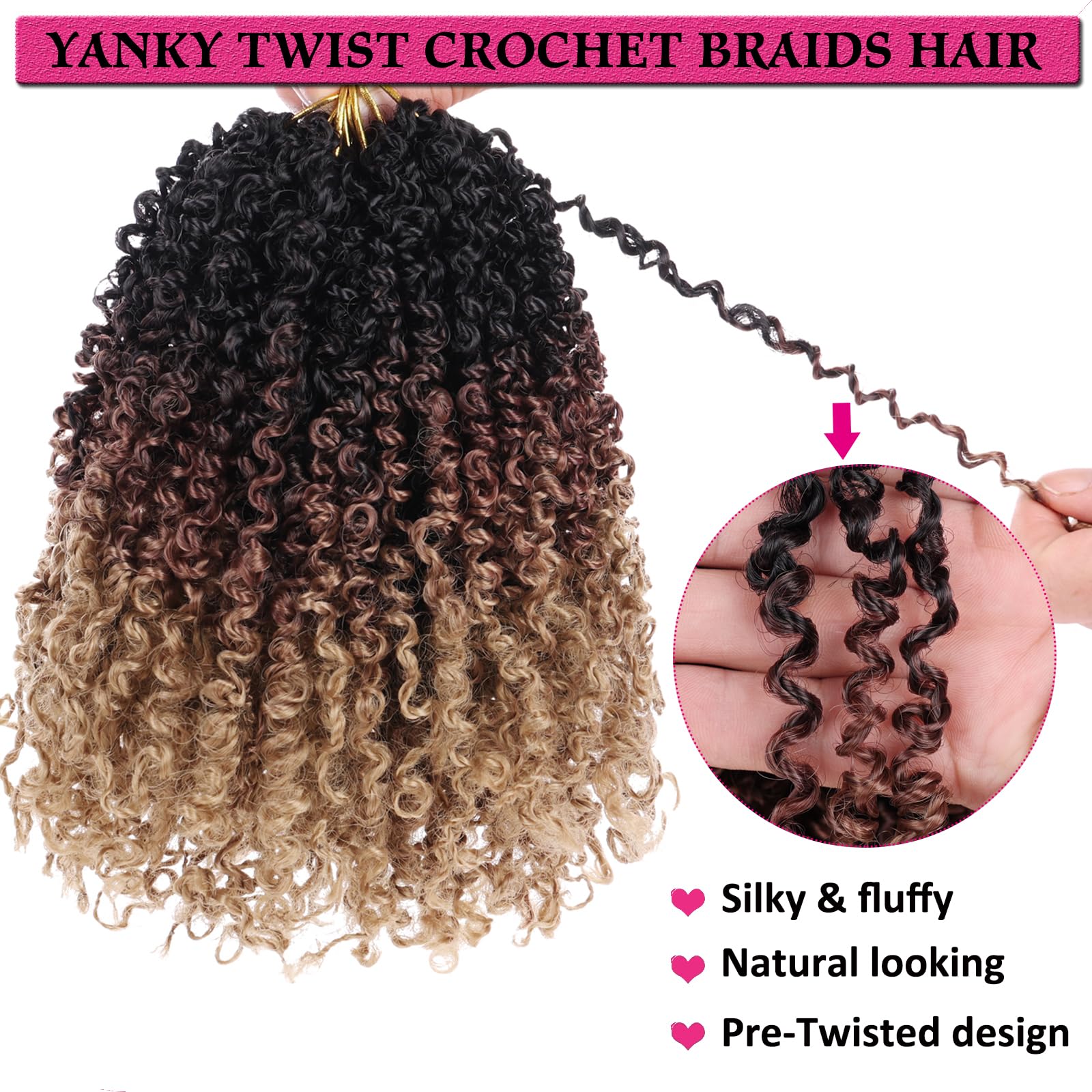 Unionbeauty Pre-Twisted Yanky Twist Crochet Hair 8Inch 2 Bundles Pre-Looped Passion Twist Crcochet Braids Hair With Bouncy Ombre