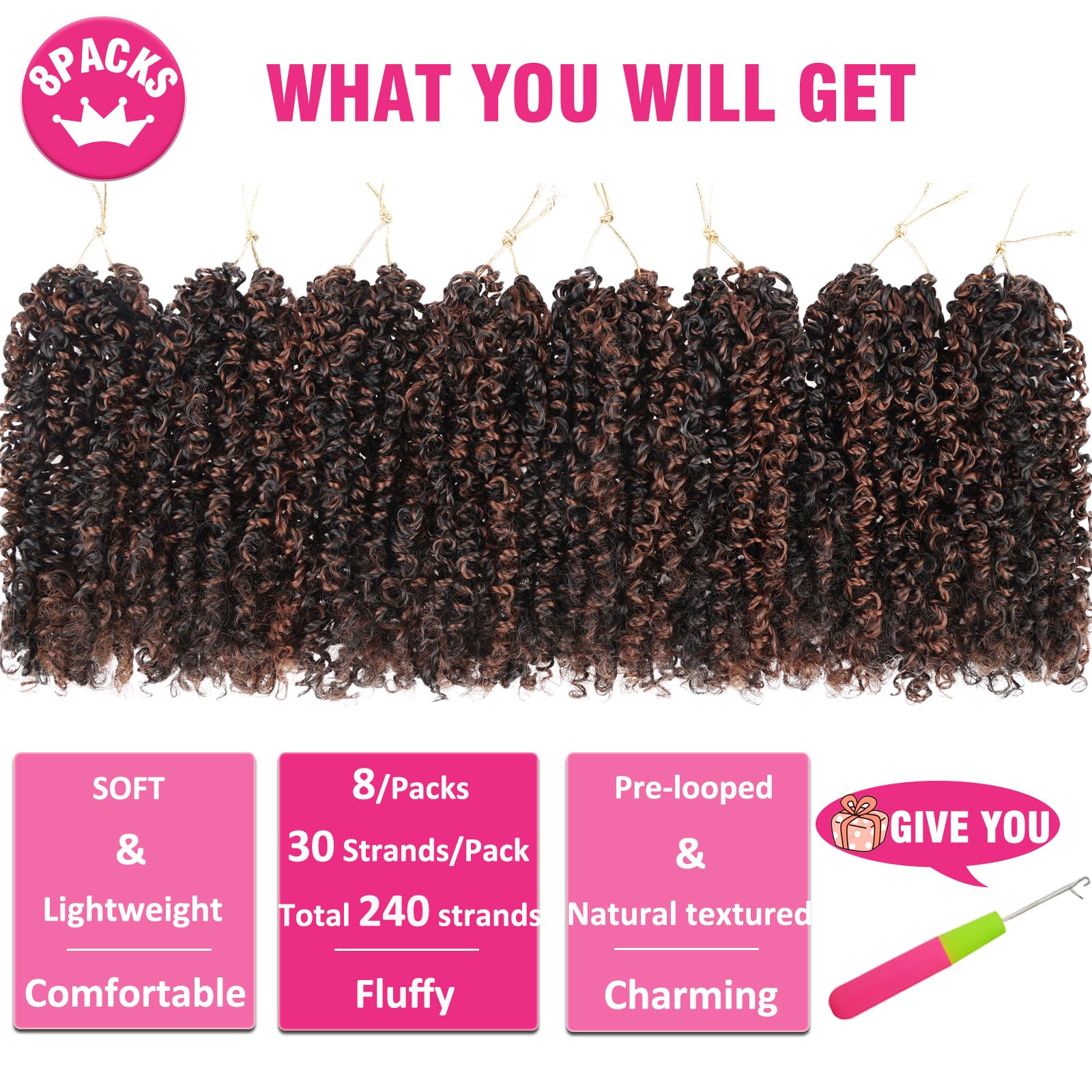 Unionbeauty Pre-Twisted Yanky Twist Crochet Braids Hair 8 Inch 8 Packs Ombre Brown Spring Twists Hair Micro Passion Twists Croch