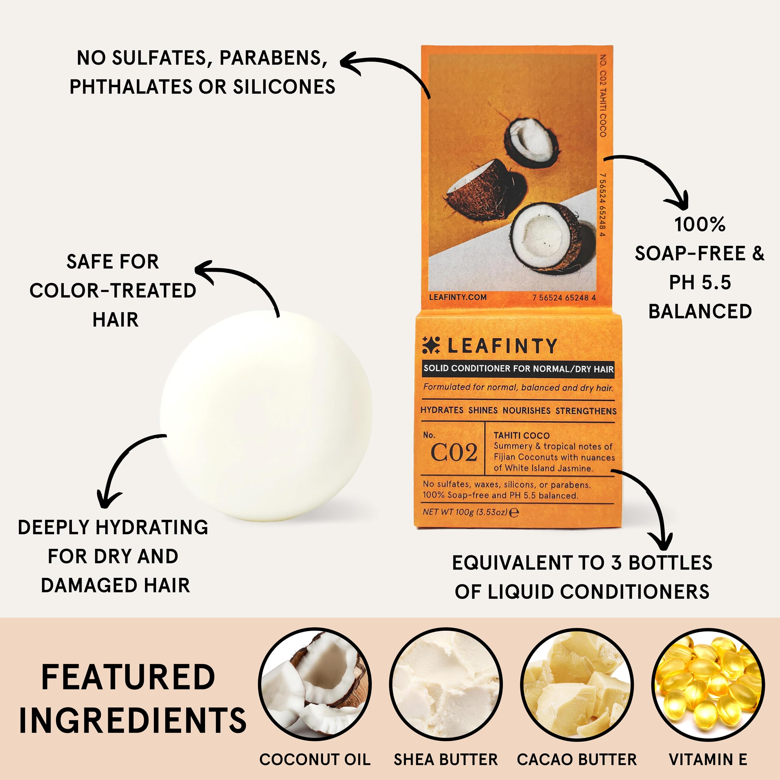 Leafinty Solid Conditioner Bar for Normal & Dry Hair Hydrates Shines Nourishes - Sulfate Free, Natural, Sustainable, Zero Waste,