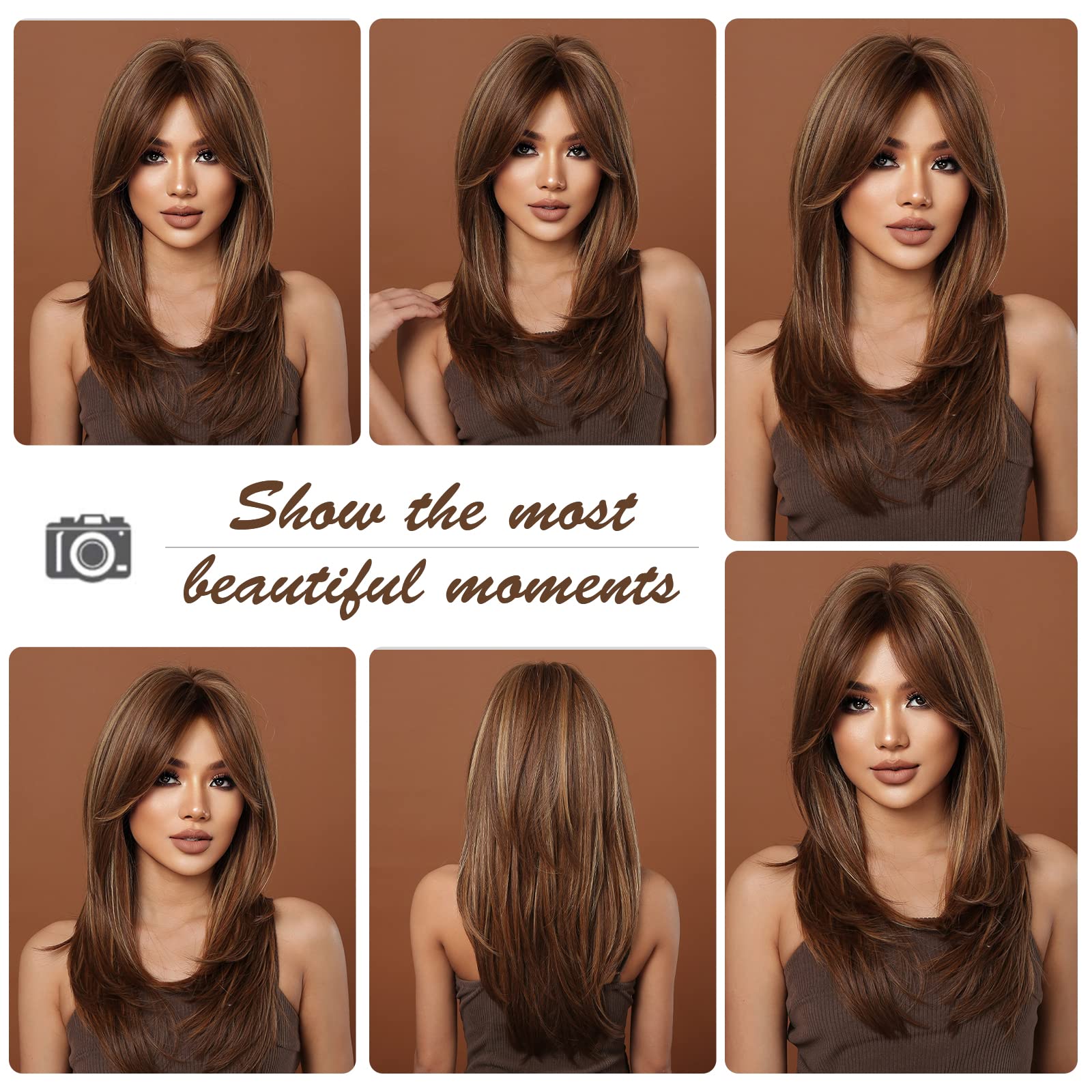 HAIRCUBE Brown Wigs for Women,Long Layered Brown with Blonde Highlight Wigs with Bangs Heat Resistant Synthetic Fibre Wigs(peluc