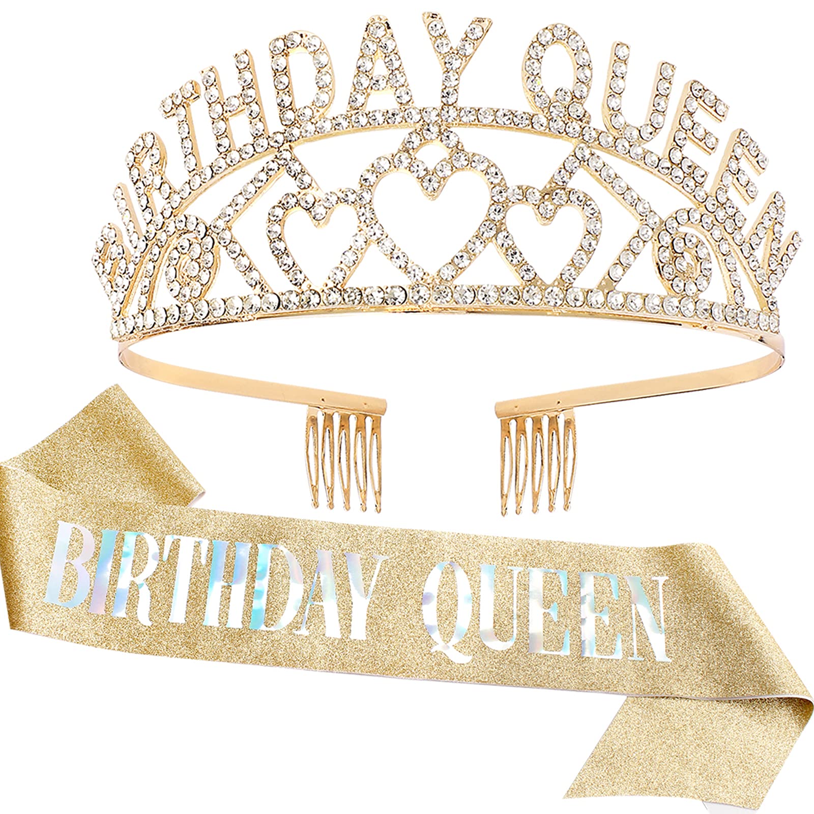 CIEHER Birthday Crown, Birthday Queen Sash & Rhinestone Tiara Kit for Women Girls,Tiaras and Crowns for Women,Gold Queen Crown,P