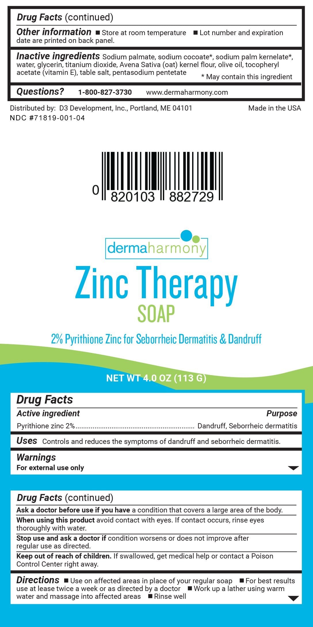 Dermaharmony Pyrithione Zinc (Znp) Therapy Soap 4 Oz Bars - 3 Pack - For Seborrhea And Dandruff