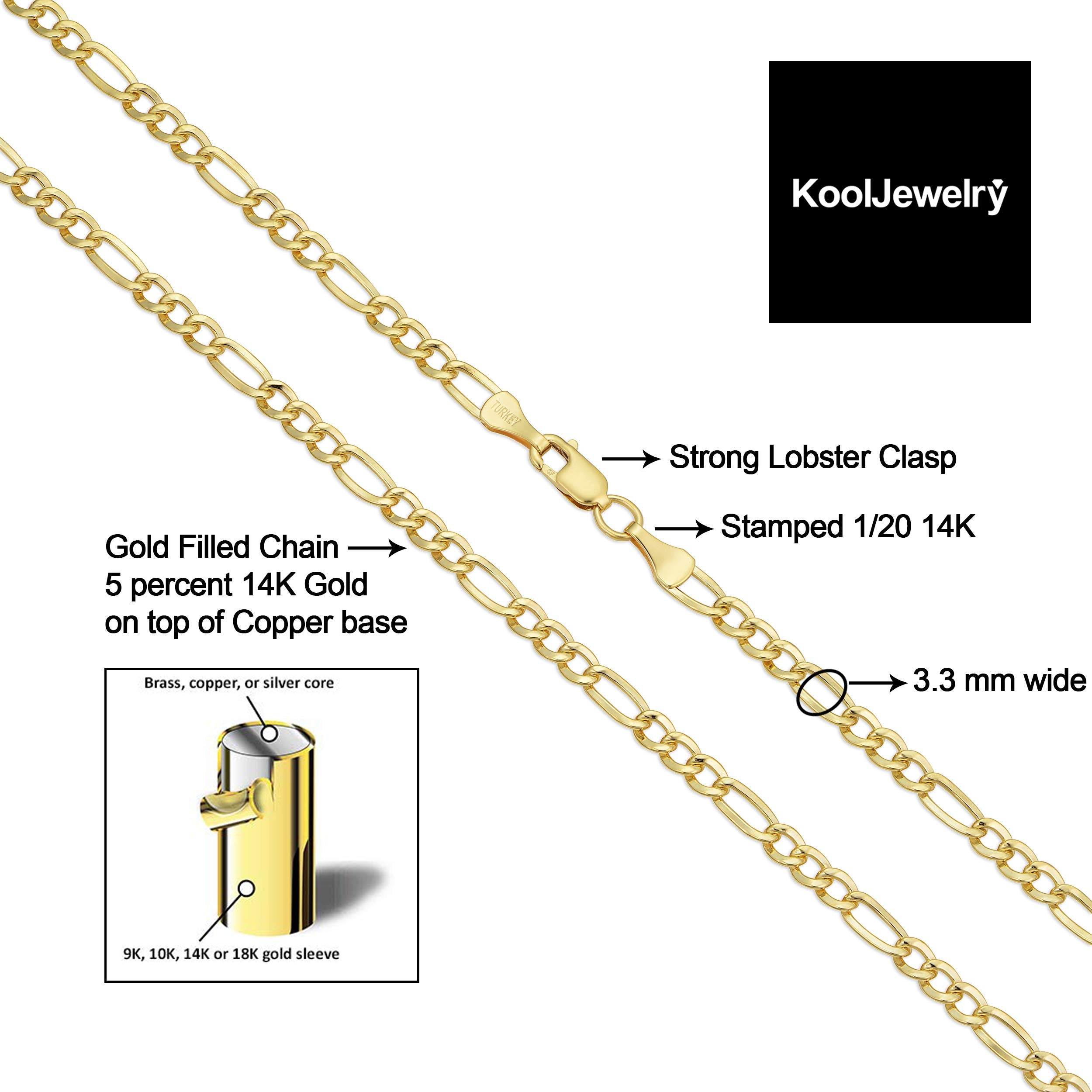 Kooljewelry 14k Yellow Gold Filled Solid Figaro Link Chain Necklace (3.3 mm, 20 inch)