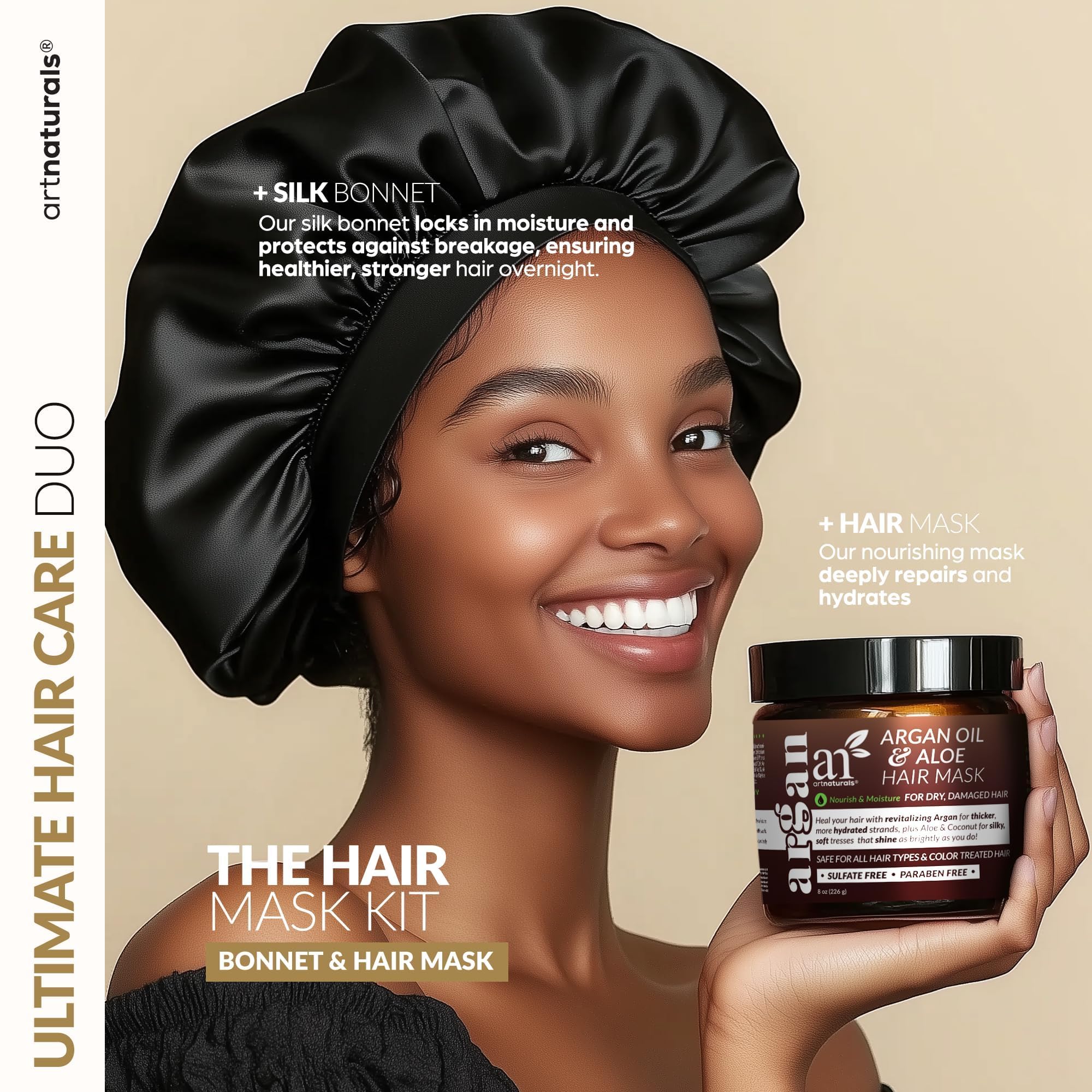 Hair Mask + Silk Bonnet For Sleeping Women Set - Deep Conditioner & Leave-In Conditioner For Dry, Damaged Hair - Argan Oil, Jojo