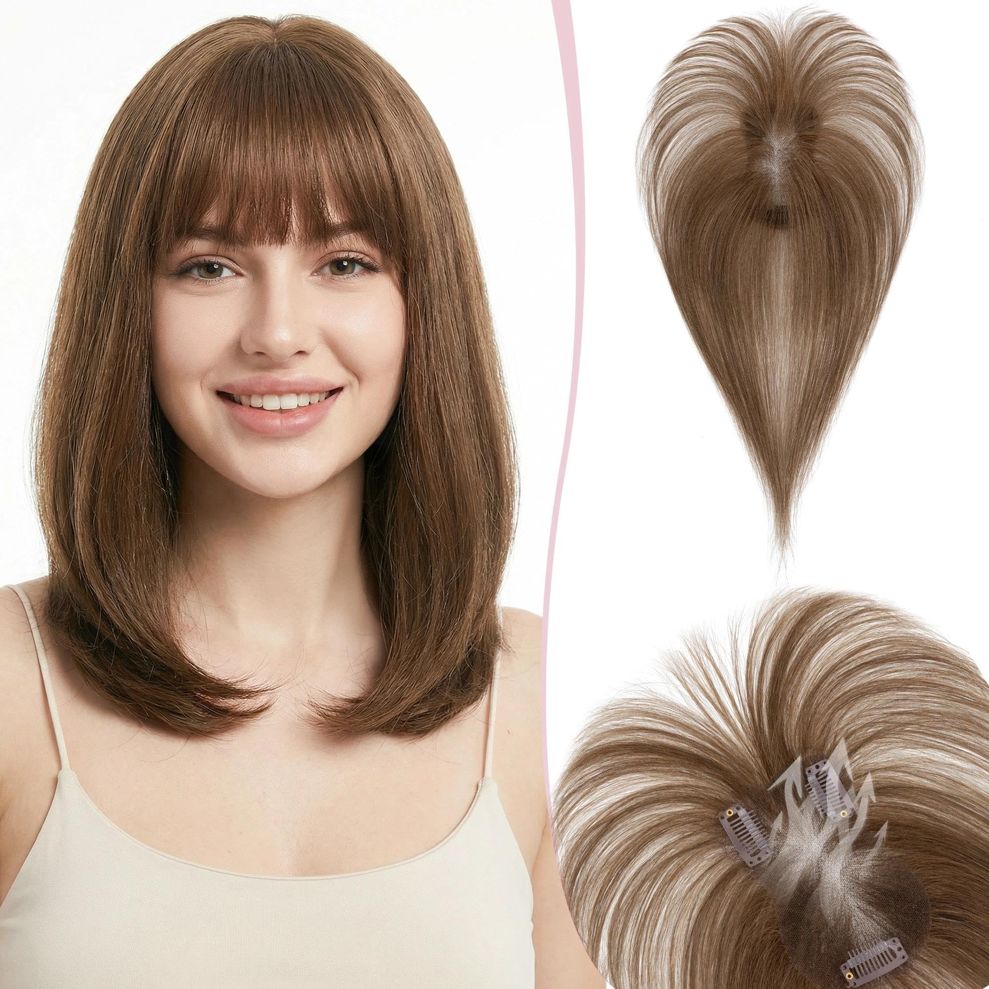 SEGO Hair Toppers for Women Real Human Hair With Wispy Bangs, Hand-tied No-Edge Invisible Breathable Fluffy Clip in Top Hairpiec