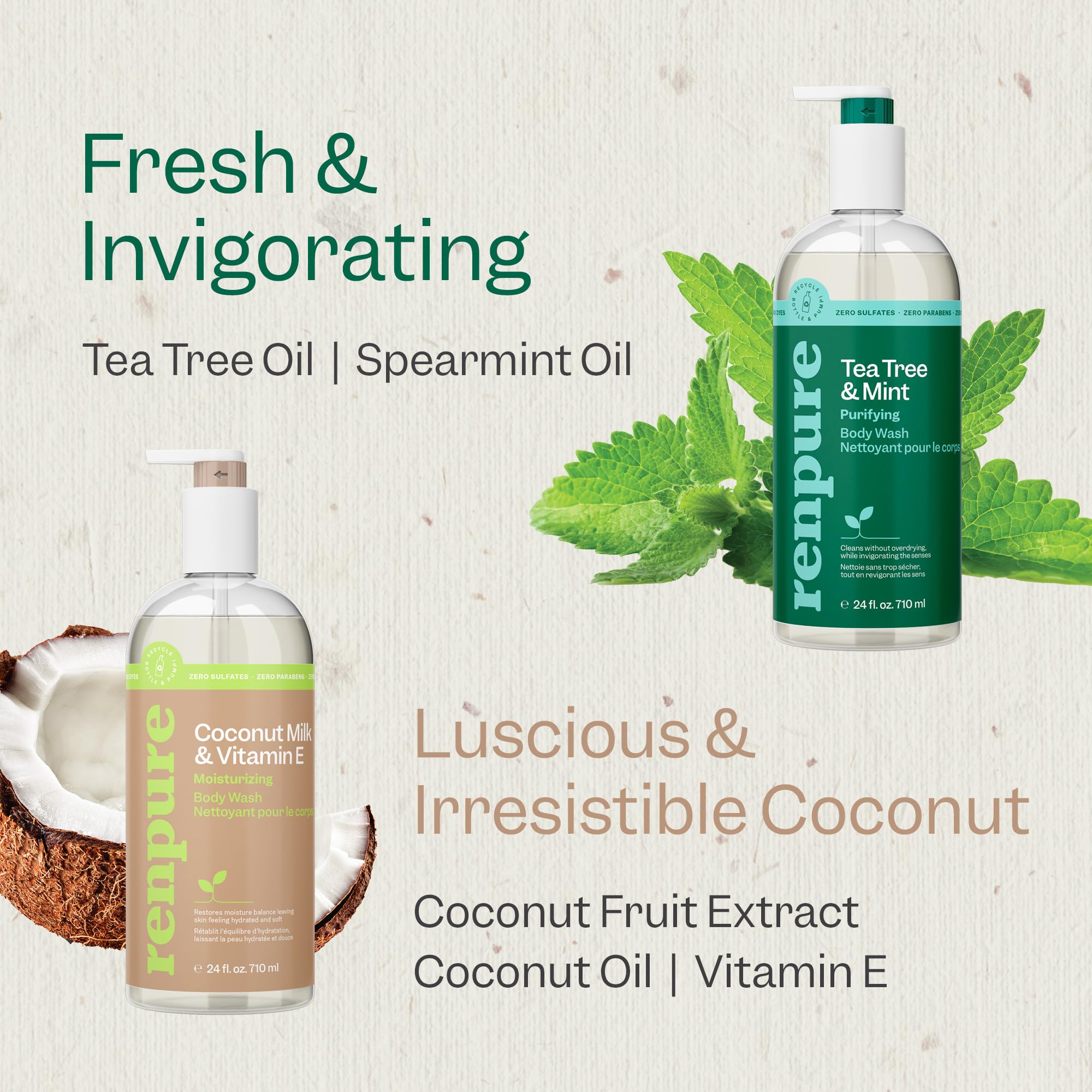 Renpure Tea Tree Mint Oil Body Wash, Antibacterial & Moisturizing, 24 Fl Oz, White, Sulfate Free for Dry Sensitive Skin