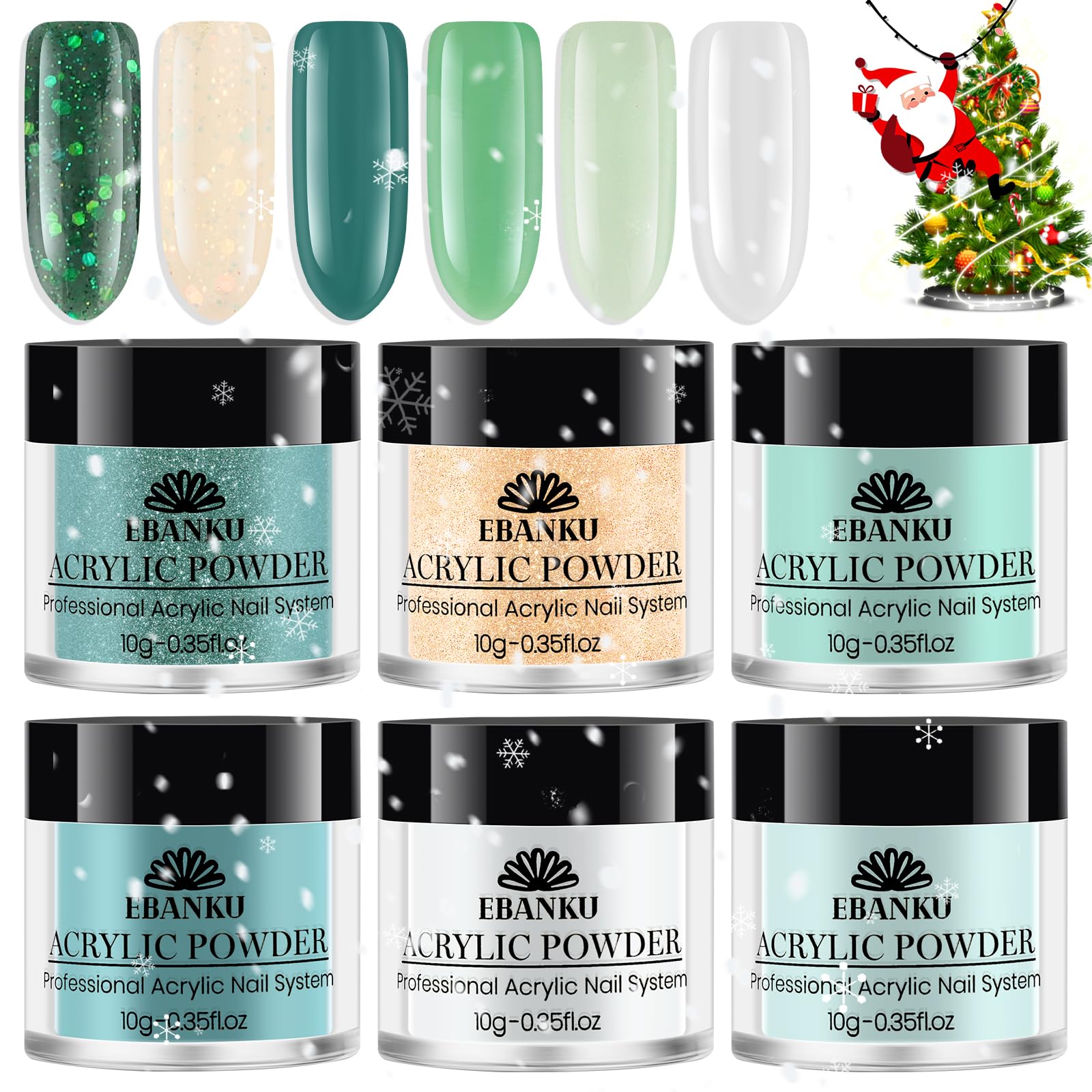 EBANKU 6 Colors Acrylic Powder, Green Acrylic Nail Powder Gold White Light Green Glitter Acrylic Powder for Nail Extension Frenc